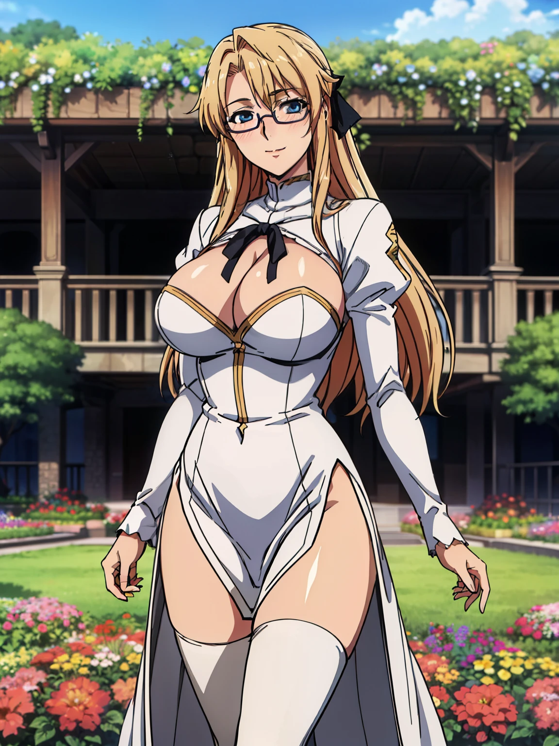 standing, sexy pose, dress, brown cross-laced footwear, cleavage, black ribbon, clothing cutout, juliet sleeves, white thighhighs, garden background, Satellizer L. Bridget, anime cels style, best quality, high resolution, (huge breasts:1.2), cowboy shot, blush, smiling, blonde hair, long hair, blue eyes, semi rimless eyewear