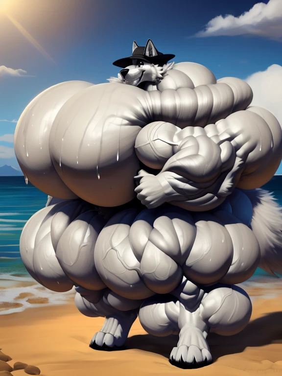 4k, high resolution, best quality, perfect lightning, perfect, solo, anthro, young, boy,white wolf:2.0, furry body, (fluffy mane:1.2), fluffy tail, male, adult, (bulky2:0, thick muscles2:0, huge muscles:2.0, hyper muscles:2.0), (thick biceps, veiny biceps, broad shoulders:2.0), (thick legs, thick calves:1.1), (digitigrade legs, 4 toes:1.2), perfect colors, (photorealistic fur, detailed fur, epic, masterpiece), (suggestive posing:1.2), (seductive smile, lustful grin 1.3), detailed beach,detailed wolf eyes:2.0, by k0suna, by darkgem,nipple ring,hyper arms:2.0,veins,white body,white fur,hyper butt:2.0,hyper paws:2.0,standing,thick legs,thick butts:2.0,sweat body:2.0,massive butt:2.0,black hat,hyper ass:2.0,huge ass:2.0,long legs,juicy butt:2.0