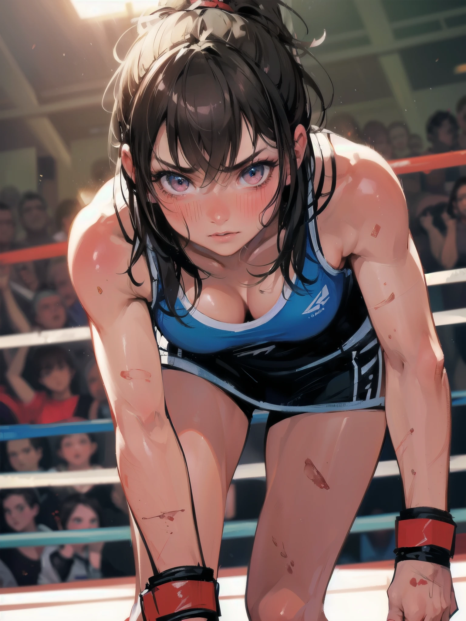1girl,(tall stature:1.4),(fighter:1.4), (medium hair,straight hair),black hair, dark eyes, medium breasts ,pale skin, shiny skin, expressionless, ((She wears black competition swimsuit)), Boxing Gloves, looking at viewer, (((standing))), fighting stance, (wrestling ring),(((masterpiece))),(((best quality))),((ultra-detailed)),(illustration),((an extremely delicate and beautiful)),(detailed background),