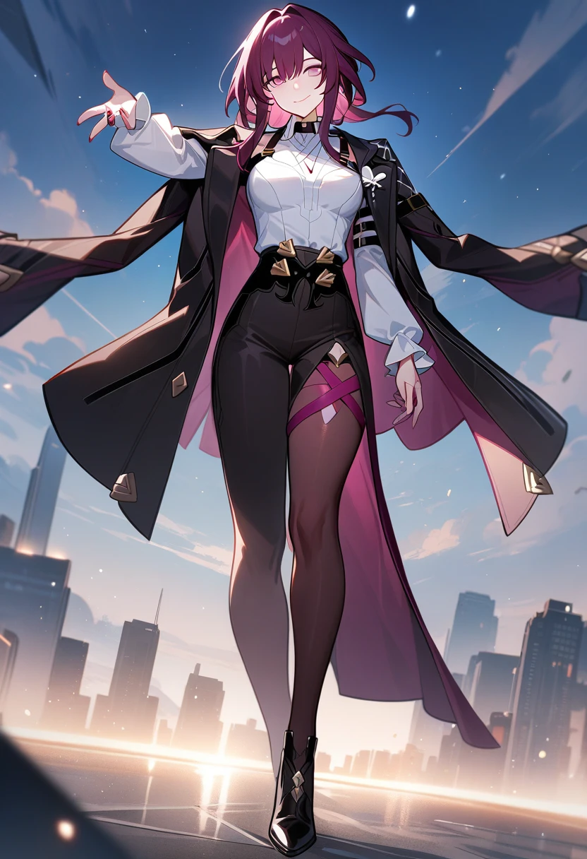 masterpiece, best quality, 1girl, kafka \\(honkai: star rail\\), honkai star rail, black jacket, fingernails, formal, jacket on shoulders, light smile, long sleeves, looking at viewer, medium breasts, smile, solo, suit, full body, white shirt, outdoors