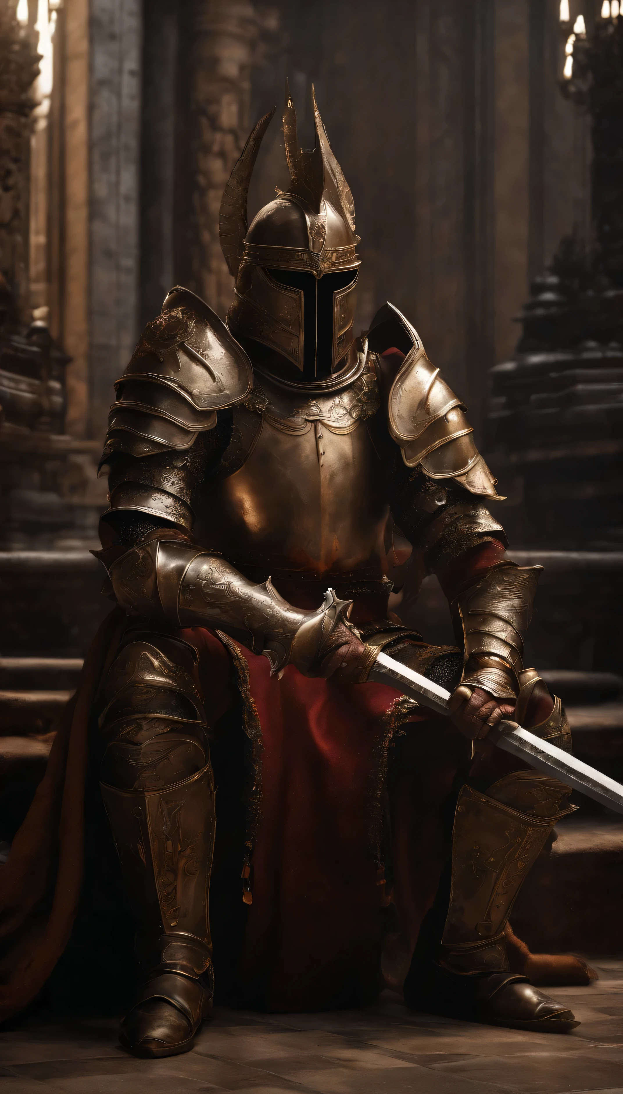 (Best quality,4K,8K,A high resolution,Masterpiece:1.2),Ultra-detailed,(Realistic,Photorealistic,photo-realistic:1.37),A sword-wielding demon armor warrior stood in the hall, Full body portrait of the mysterious knight, Wearing heavy armor,A sacred warrior wielding a legendary sword, Mythical warriors in full-body armor, A golden knight with divine armor, The helmet is decorated with the devil's horns, The eyes glow blood-red, Concept art for glorious figures, Crimson Armor Knight, Epic Paladin armor, Holy medieval knight, Kneel on one knee, Blades embedded in the earth, submission, Full body shot.