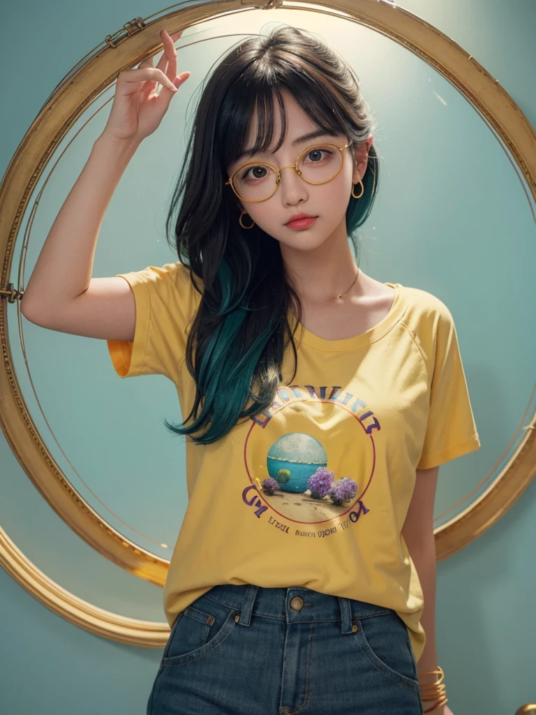 (Masterpiece, highest quality, super large resolution); (CG illustration); (a cute and cute girl); (sleepiness) (exhaustion); ((round-framed gold wire glasses)), (fashionable) (trendy); Rich colors, cyan, orange, yellow, green, cyan, blue, purple, fashion typography, magazine cover poster, hyper-detail, art, title, logo, label, badge, graphic design, detail post-processing, depth of field, high brightness, high saturation, more white space;