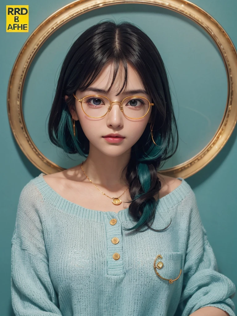 (Masterpiece, highest quality, super large resolution); (CG illustration); (a cute and cute girl); (sleepiness) (exhaustion); ((round-framed gold wire glasses)), (fashionable) (trendy); Rich colors, cyan, orange, yellow, green, cyan, blue, purple, fashion typography, magazine cover poster, hyper-detail, art, title, logo, label, badge, graphic design, detail post-processing, depth of field, high brightness, high saturation, more white space;