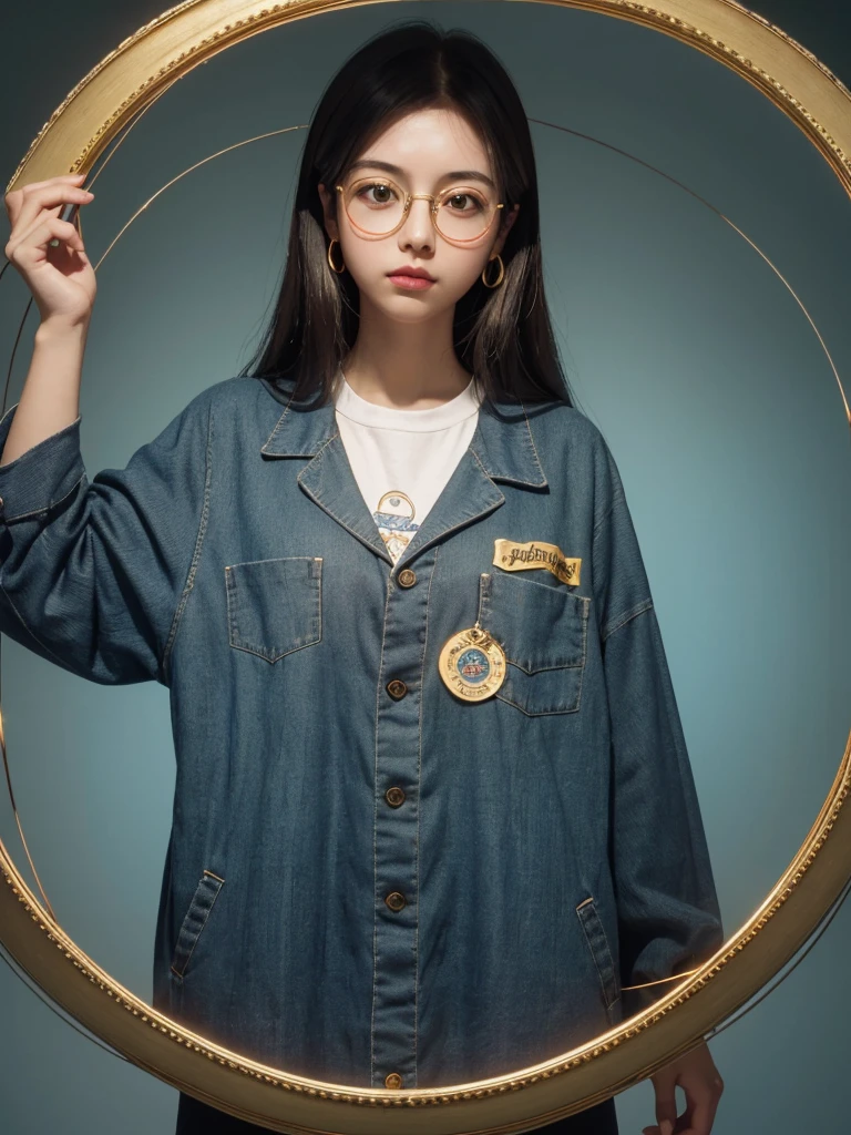 (Masterpiece, highest quality, super large resolution); (CG illustration); (a cute and cute girl); (sleepiness) (exhaustion); ((round-framed gold wire glasses)), (fashionable) (trendy); Rich colors, cyan, orange, yellow, green, cyan, blue, purple, fashion typography, magazine cover poster, hyper-detail, art, title, logo, label, badge, graphic design, detail post-processing, depth of field, high brightness, high saturation, more white space;