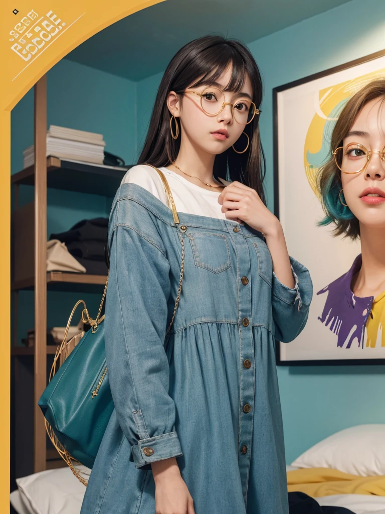 (Masterpiece, highest quality, super large resolution); (CG illustration); (a cute and cute girl); (sleepiness) (exhaustion); ((round-framed gold wire glasses)), (fashionable) (trendy); Rich colors, cyan, orange, yellow, green, cyan, blue, purple, fashion typography, magazine cover poster, hyper-detail, art, title, logo, label, badge, graphic design, detail post-processing, depth of field, high brightness, high saturation, more white space;