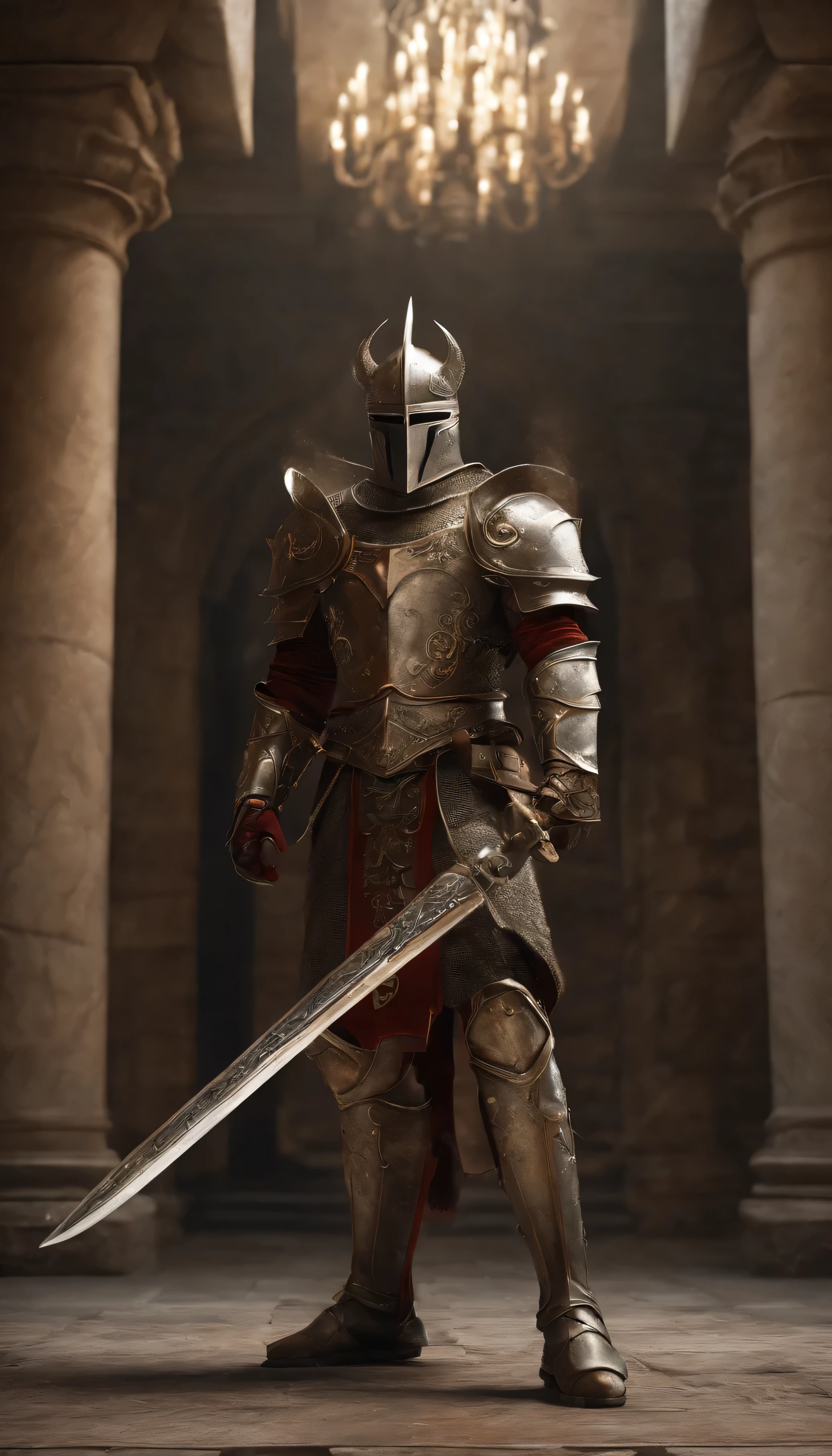 (Best quality,4K,8K,A high resolution,Masterpiece:1.2),Ultra-detailed,(Realistic,Photorealistic,photo-realistic:1.37),A sword-wielding demon armor warrior stood in the hall, Full body portrait of the mysterious knight, Wearing heavy armor，A sacred warrior wielding a legendary sword, Mythical warriors in full-body armor, A golden knight with divine armor, The helmet is decorated with the devil's horns, The eyes glow blood-red, Concept art for glorious figures, Crimson Armor Knight, Epic Paladin armor, Holy medieval knight, Kneel on one knee, Blades embedded in the earth, submission, Full body shot.