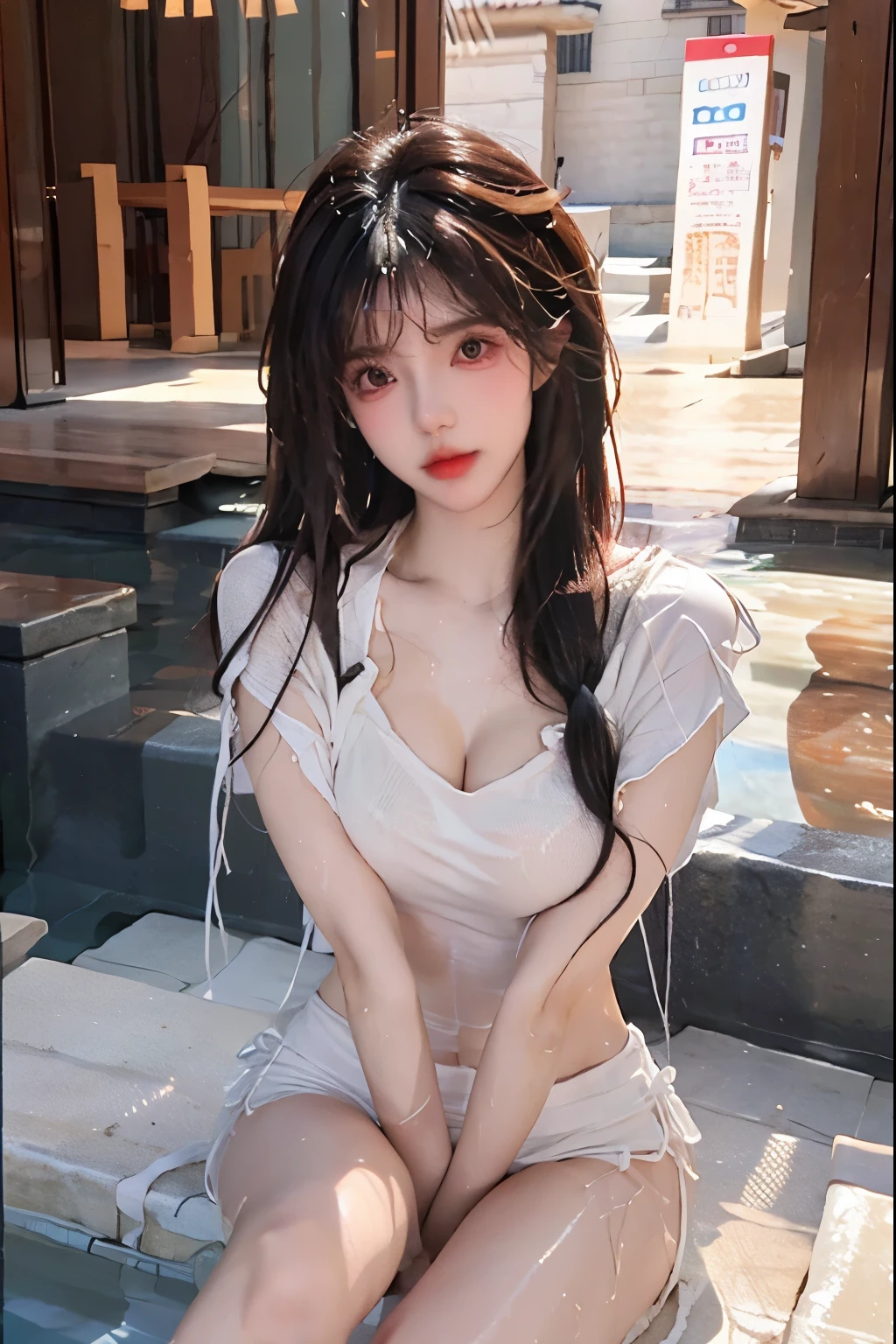 Beautiful woman with perfect body:1.4,Layered Hairstyle,Prominent cleavage:1.5,Highly detailed face and skin textures,Double eyelids,Skin Whitening,Long hair,Whitened long legs,(wet hair:1.2),Tight T-shirt