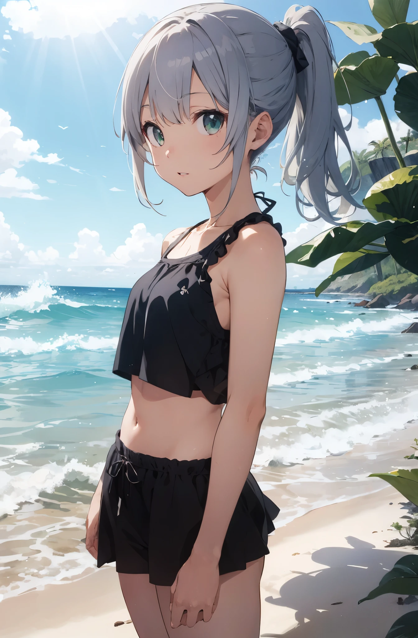 Silver-haired girl drawn in high resolution Japanese anime style、Standing alone on the white sand beach of a deserted island。She is wearing a gorgeous pink bikini.、Her hair is in a ponytail that sparkles in the light....。The sea in the background shines emerald green....、The beach is littered with shells and pebbles.、time々、Small waves gently wash up on the shore。熱帯のwood々Swaying in the Wind、Mr....々Among the branches々Birds are singing..。wood々Colorful flowers blooming in abundance、The entire island is filled with abundant nature....。On the horizon of a distant sea、The setting sun casts a beautiful orange glow over the ocean.、It gives the whole place a mystical feel....。、Wakame seaweed、Wakame seaweed、Wakame seaweed、Wakame seaweed、Wakame seaweed、Wakame seaweed、