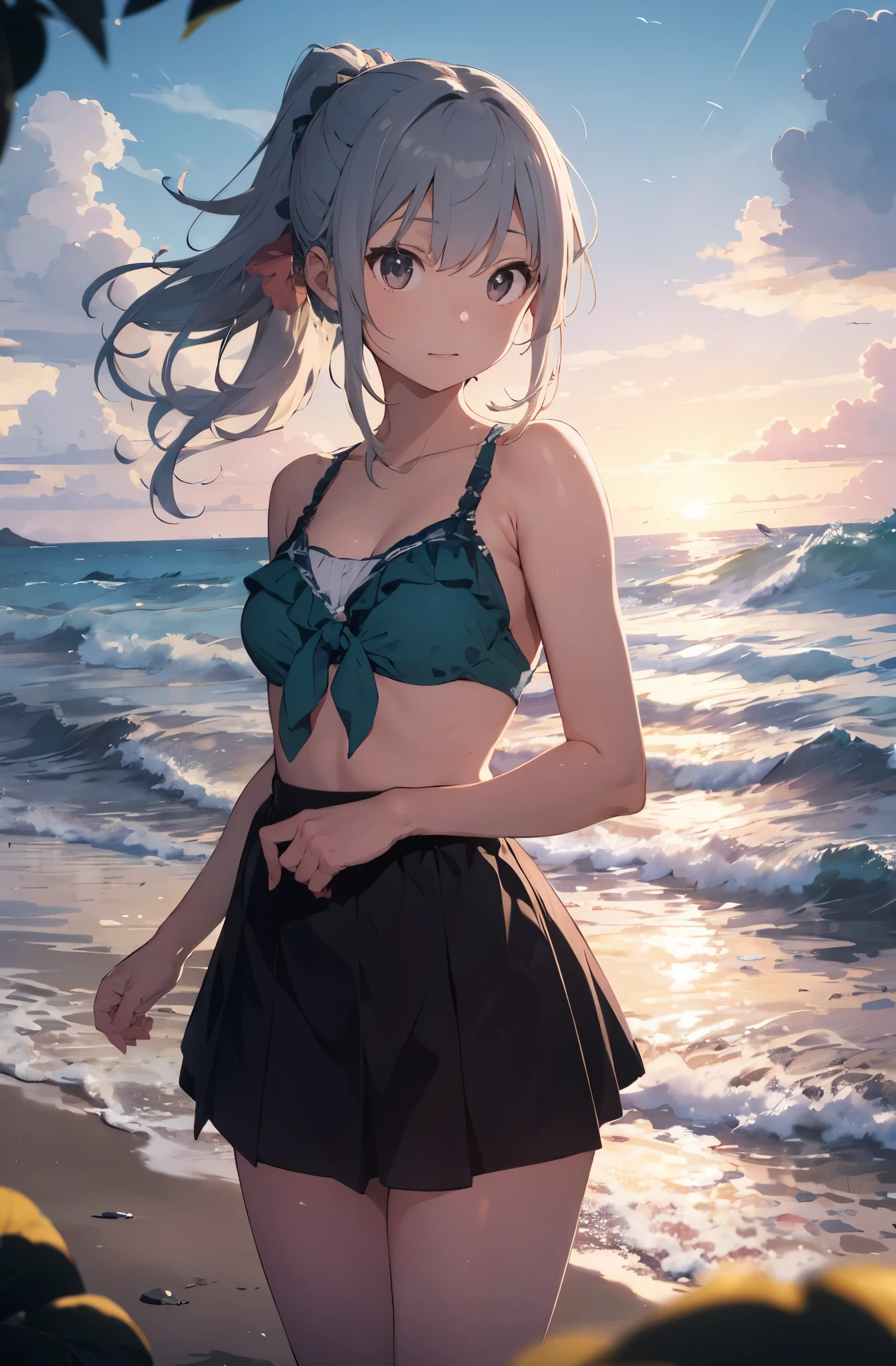 Silver-haired girl drawn in high resolution Japanese anime style、Standing alone on the white sand beach of a deserted island。She is wearing a gorgeous pink bikini.、Her hair is in a ponytail that sparkles in the light....。The sea in the background shines emerald green....、The beach is littered with shells and pebbles.、time々、Small waves gently wash up on the shore。熱帯のwood々Swaying in the Wind、Mr....々Among the branches々Birds are singing..。wood々Colorful flowers blooming in abundance、The entire island is filled with abundant nature....。On the horizon of a distant sea、The setting sun casts a beautiful orange glow over the ocean.、It gives the whole place a mystical feel....。、Wakame seaweed、Wakame seaweed、Wakame seaweed、Wakame seaweed、Wakame seaweed、Wakame seaweed、