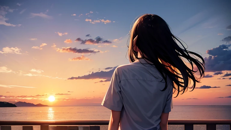 summer evening You can see the sea beyond the fence Black-haired high school boy Brown-haired schoolgirl Girls who get dumped by boys youth One Scene Beautiful background Sunset melting sea Two people talking high school girl is crying