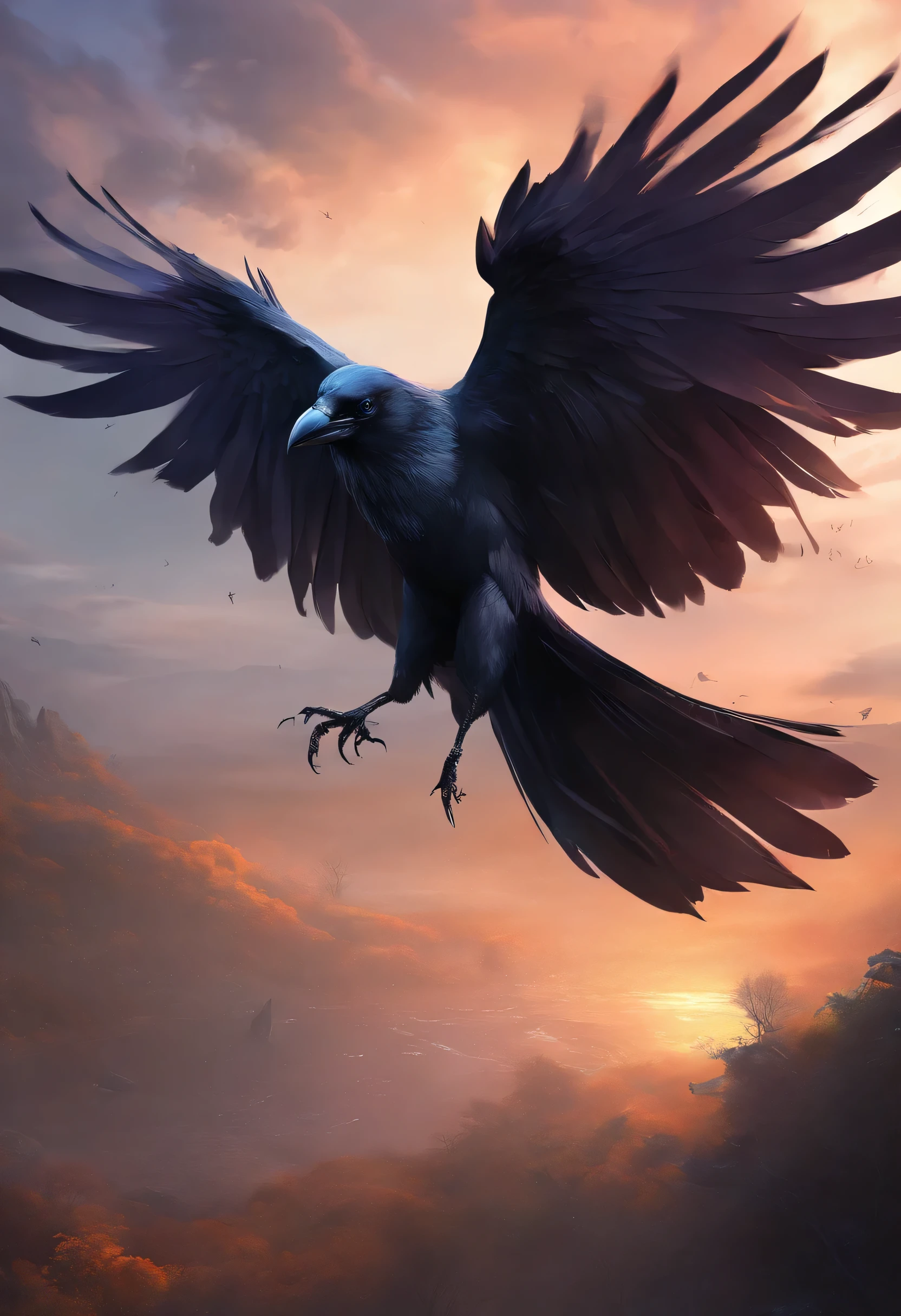 crow, in flight, soars in the sky , dynamic poses, ultra realist, Encounter with magic,Удивительная computer graphics,computer graphics