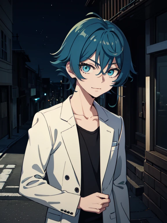 (masterpiece, highest quality)、(shining eyes), ((One young man)),(cool boy)、(dark blue hair,inner color)、Sea green eyes,serious expression, wicked smile,Upper body,line drawing,Unkempt short hair、messy hair、(messy hair、medium hair),white blazer,black t-shirt,expressionless eyes,((beautiful animeスタイル))、(dark and serious background),(dark back alley)、(downtown at night)、beautiful anime