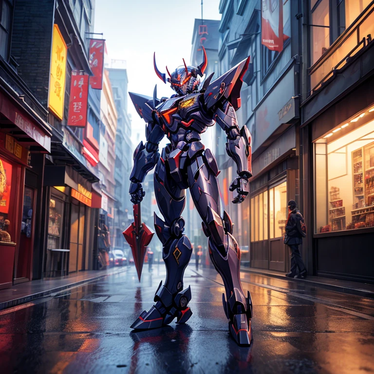 (Demon Mecha, 3D rendering), Background city street center, Clear HD, 8K resolution, Very detailed, number, concept art, Xin Haicheng style, Pop music Pop musicularization trend, Pop music, Pop music trend on pixiv.