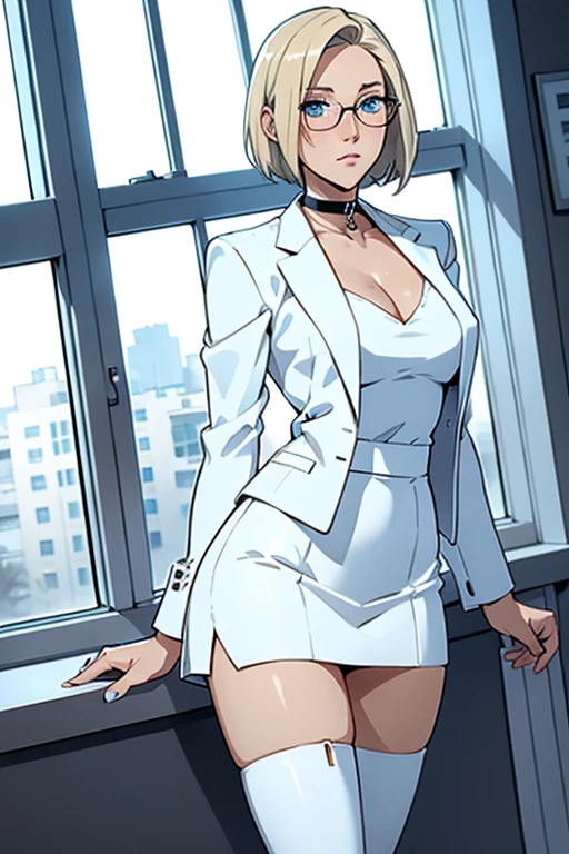 woman, Short straight blonde hair, blue eyes, White suit jacket, White Skirt, Black panties,long white high heel boots, Black Choker, No T-shirt, Moderate , Glasses, Perfect Face, Blushing, In front of the window