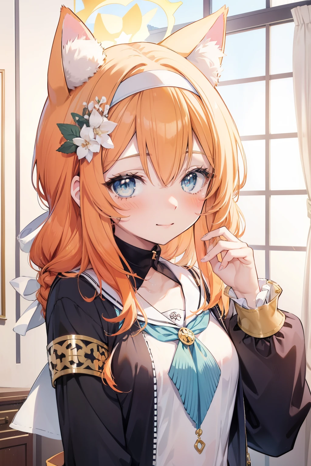 Marie Iraki、Good looking girl (blush, Perfect Face), independent , Looking at the camera, masterpiece, Anime art style, Cute Characters, Most detailed, high quality、Nico Nico Smile、Cat ear、Orange Hair、****ta、Small breasts、