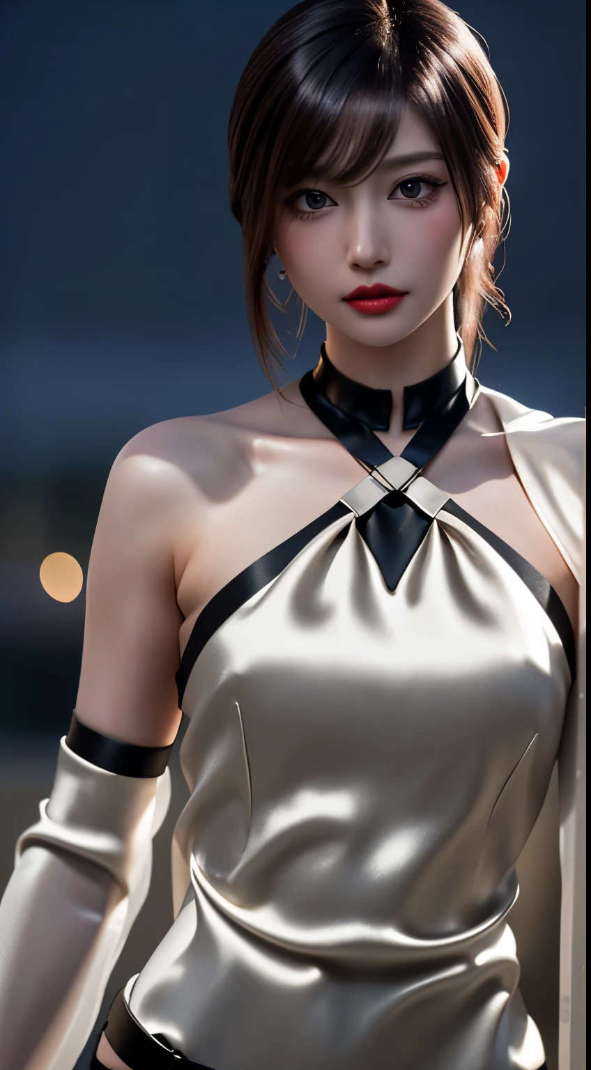 masterpiece, One beautiful girl, detailed, Swollen eyes, (A silk bodycon dress that reveals skin:1.6)、highest quality, 超A high resolution, (reality: 1.4), Original photo, One Girl, Cinema lighting, (Laughter:0.6), Japanese, Asian Beauty, Korean, Proper, Very very beautiful, A younger face, Beautiful skins,Orange Hair、 slender and small breasts, Wearing a bodycon dress that clearly shows off your body lines:1.6、Night view background, (超reality的な), (Awareness-raising), (High resolution), (8k), (非常にdetailedな), (The best Awareness-raisingns), (Beautiful and detailed eyes), (超detailedな), (wallpaper), (detailedな顔), Looking at the audience, 細かいdetailed, detailedな顔、Deep Shadow、Inconspicuous、Pure Erotic Face Ace_v1、46 point diagonal bangs、Look straight ahead、Dress neatly、Black eye color、