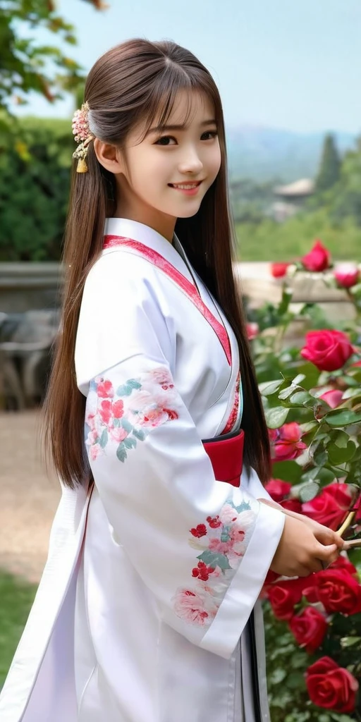 ((16k，super highest quality，Ultra-high resolution，masterpiece，Realistic，Realistic，Very detailed))，Young, adorable and cute 16 year old〜20 year old girl，Wearing a shrine maiden costume，Full body photo，Full body angle，Esbian all over，Baby Face，single eyelid，Long legs，Thin legs，Thin legs，Thin thighs，Beautiful hands and feet，chest，Cute smile，Adorable smile，nice smile，Rose garden in the background，Long Straight Hair