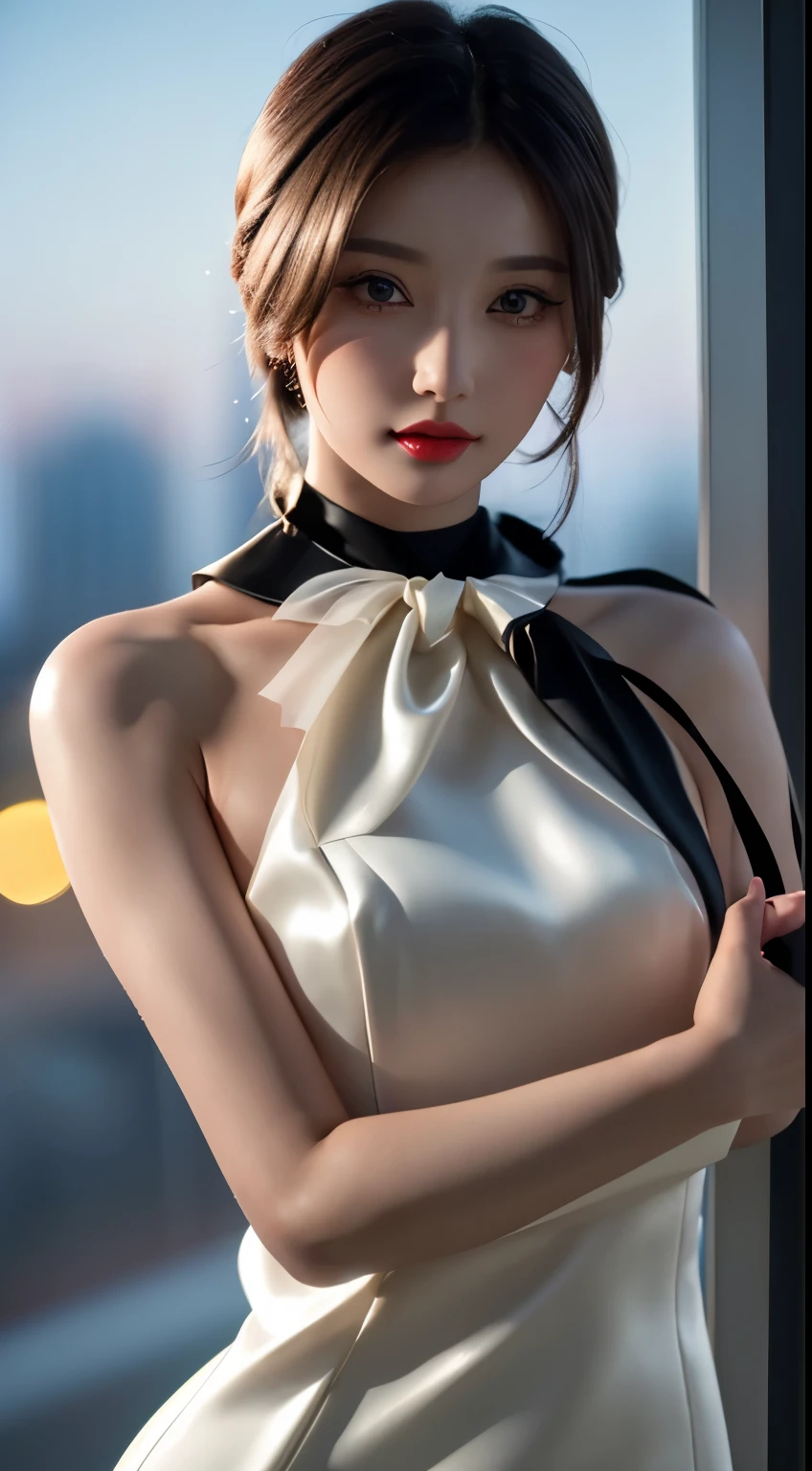 masterpiece, One beautiful girl, detailed, Swollen eyes, (A silk bodycon dress that reveals skin:1.6)、highest quality, 超A high resolution, (reality: 1.4), Original photo, One Girl, Cinema lighting, (Laughter:0.6), Japanese, Asian Beauty, Korean, Proper, Very very beautiful, A little younger face, Beautiful skins,Orange Hair、 slender and small breasts, Wearing a bodycon dress that clearly shows off your body lines:1.6、Night view background, (超reality的な), (Awareness-raising), (High resolution), (8k), (非常にdetailedな), (The best Awareness-raisingns), (Beautiful and detailed eyes), (超detailedな), (wallpaper), (detailedな顔), Looking at the audience, 細かいdetailed, detailedな顔、Deep Shadow、Inconspicuous、Pure Erotic Face Ace_v1、46 point diagonal bangs、Look straight ahead、Dress neatly、Black eye color、