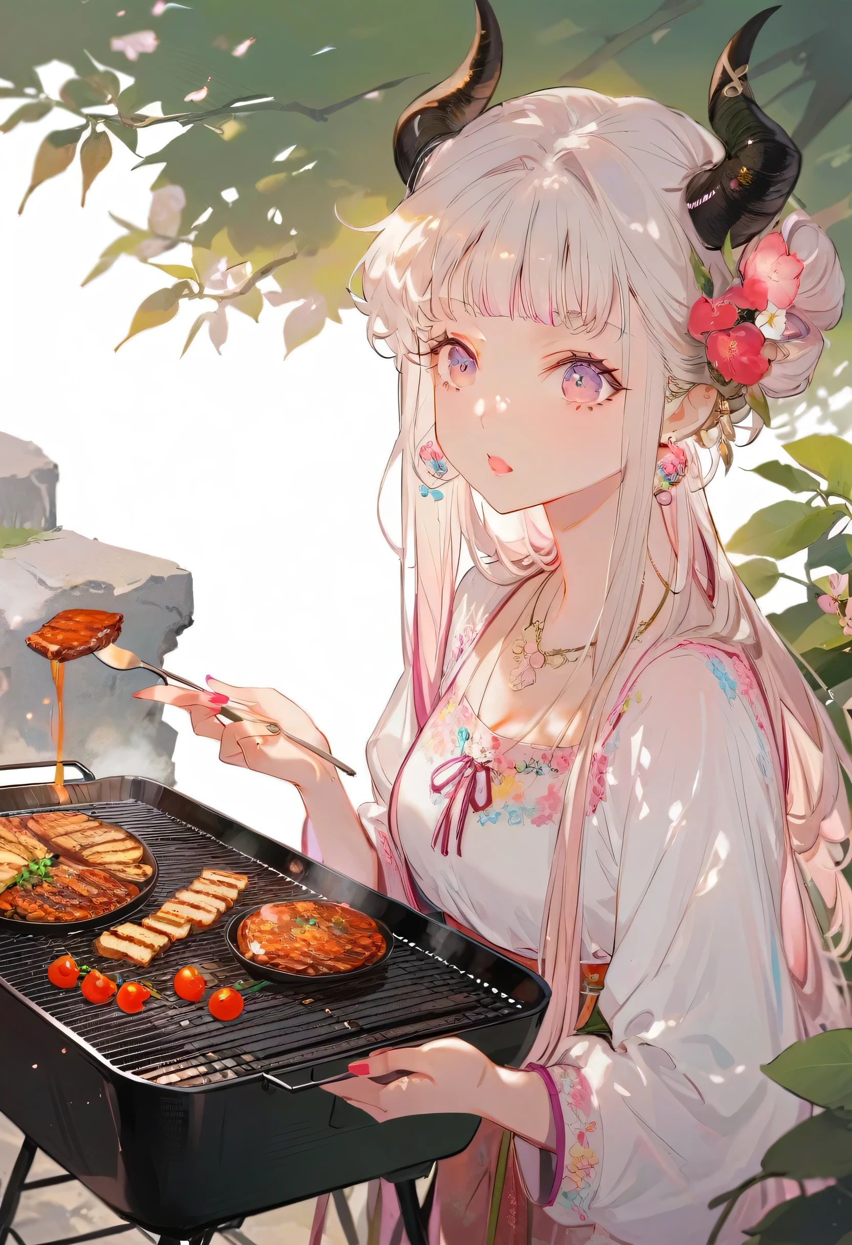 Beautiful young girl, white hair, Capricorn horns, Make a barbecue