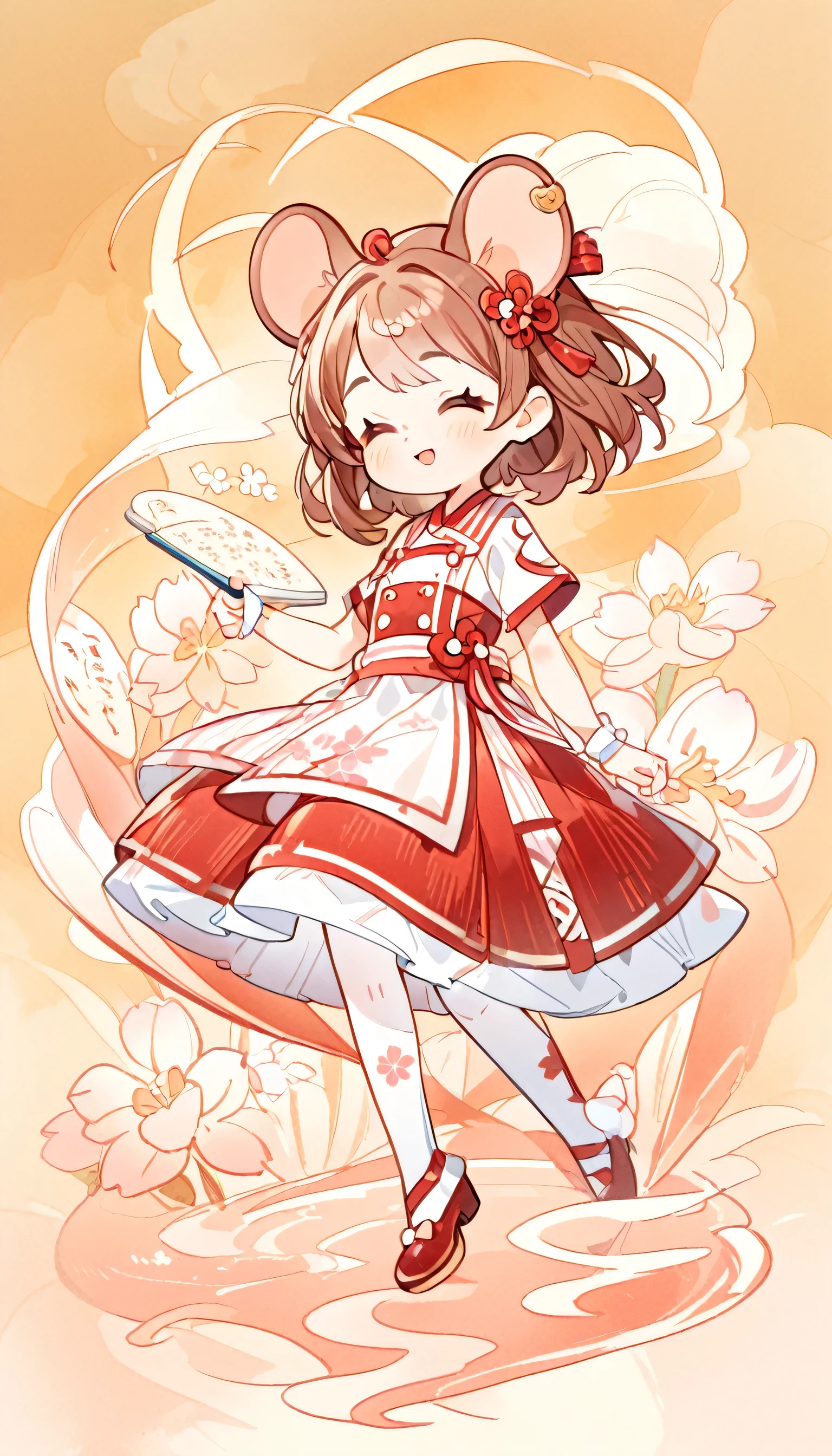 Happy play,Depth of detail,Q version three-headed body、Mouse ears,transparent watercolor、girl、Beautiful arrangement and theme、Writing limit depth、Flat avatar, 1girl, (short brown hair), hair tip white,Fashionable design clothing(red and white)),background white、 Lovely girl, modest dress, Sakura pantyhose