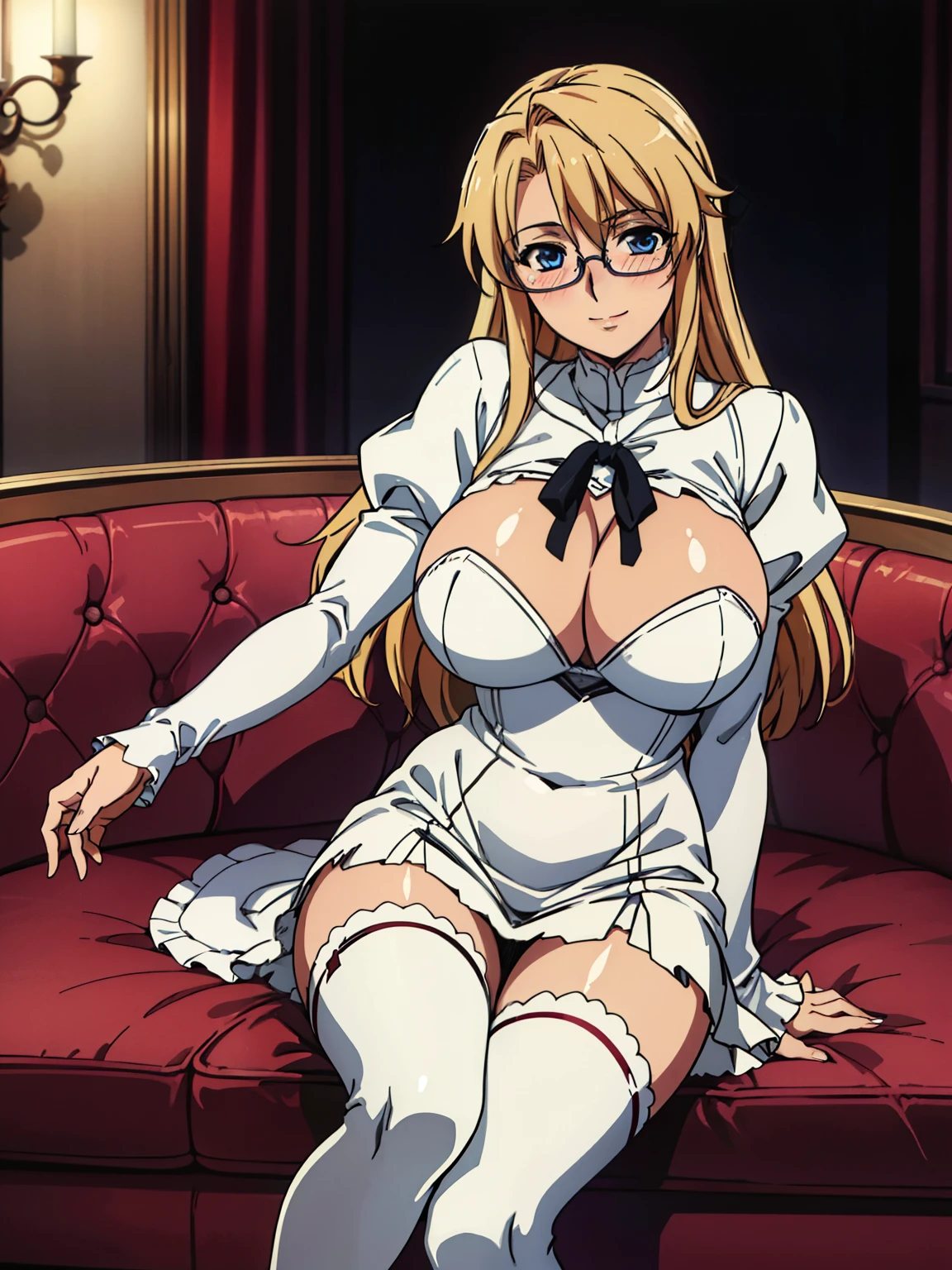 dress, brown cross-laced footwear, cleavage, black ribbon, clothing cutout, juliet sleeves, white thighhighs, luxury livingroom background, Satellizer L. Bridget, anime cels style, best quality, high resolution, (huge breasts:1.2), cowboy shot, blush, smiling, blonde hair, long hair, blue eyes, semi rimless eyewear