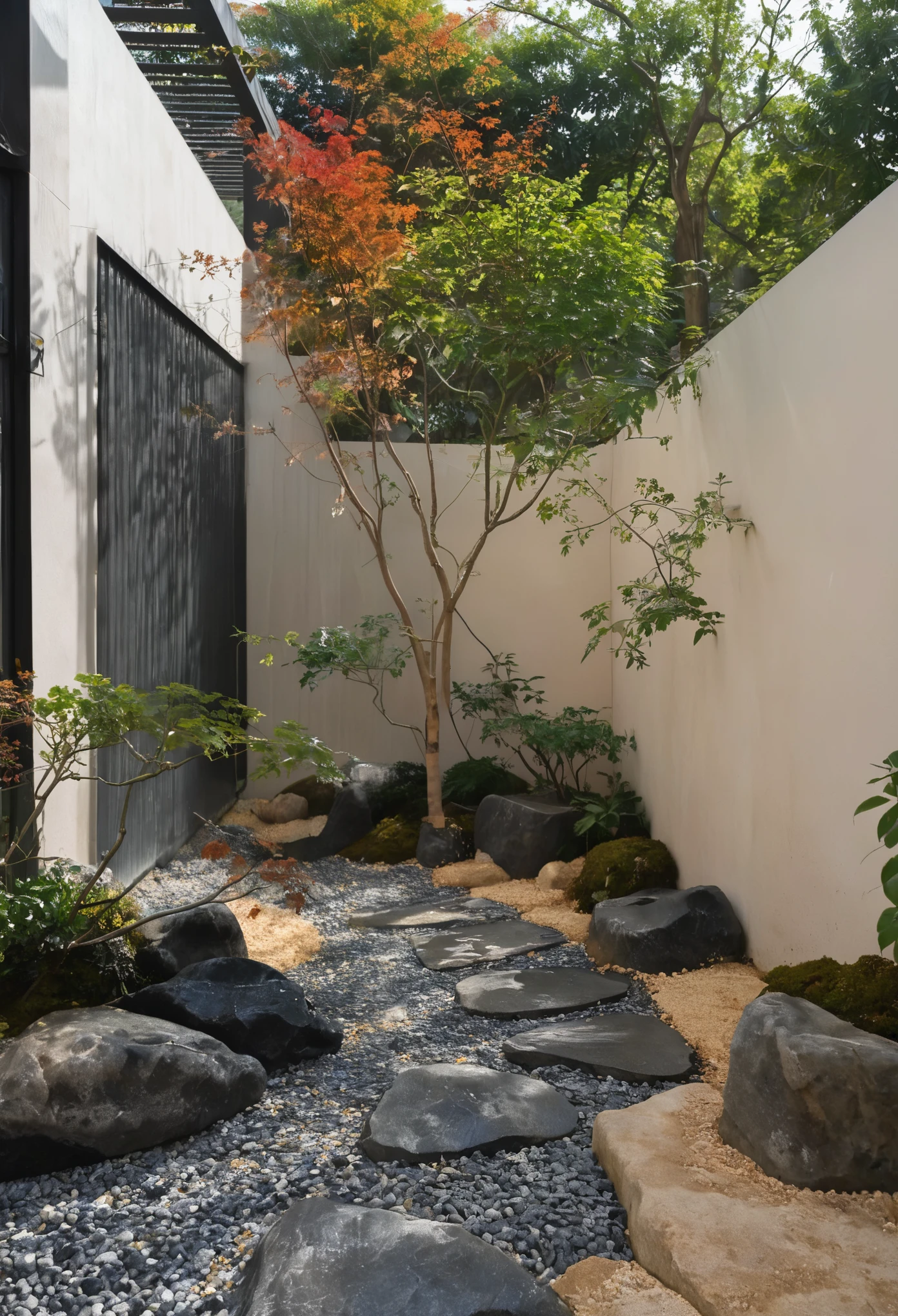 qlcd,tingyuan,no humans,tree,scenery,outdoors,day,stairs,plant,fence,This picture shows a modern style courtyard landscape. On the left side of the screen is a gray rock with a unique shape,seemingly carefully selected and arranged. There is a small path paved with black pebbles next to the rock,winding through the courtyard. In the center of the courtyard,there is a beautifully shaped tree with a twisted trunk and lush leaves,giving people a feeling of ancient and exquisite. On the right side of the tree is a small bonsai plant,with lush branches and leaves,presenting a vibrant scene. In the background,you can see a tall wall with some vertical line textures,forming a sharp contrast with the foreground. The entire scene is illuminated by sunlight,appearing very peaceful and harmonious.,