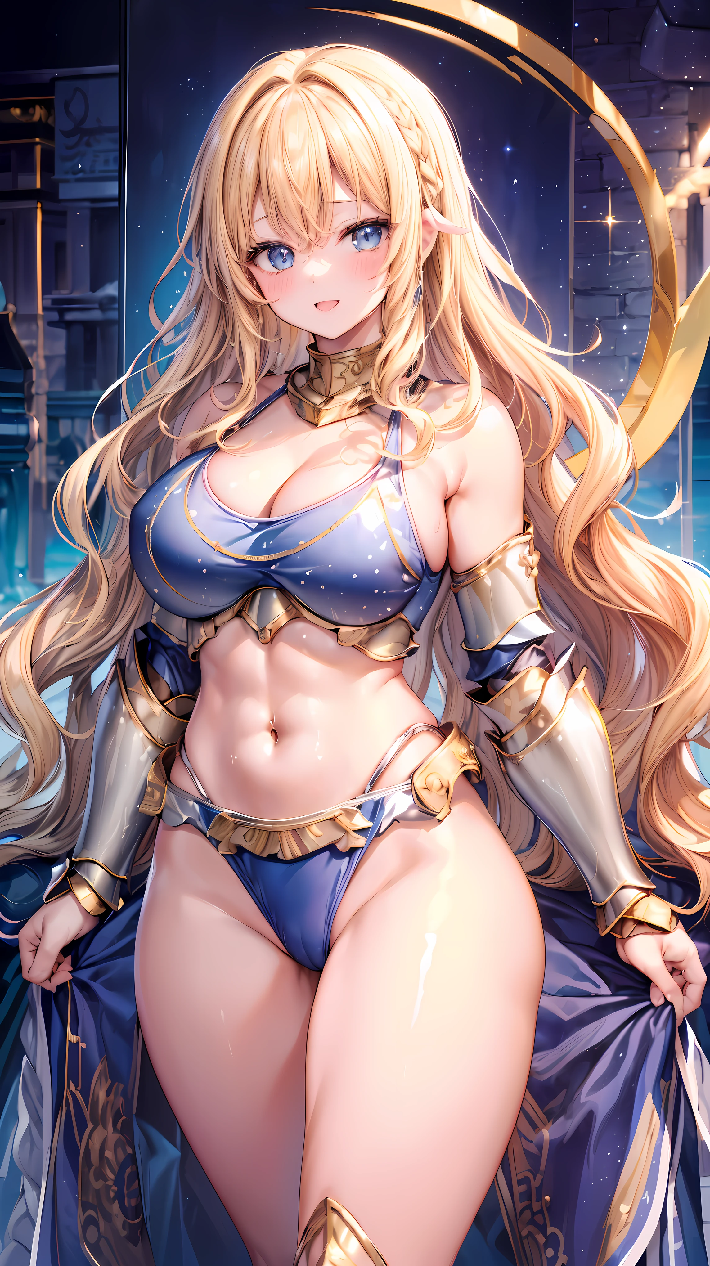 Very detailed、highest quality、Best image quality、masterpiece、8k、Anime Face、A kind smile、Open your mouth、Sparkling blue eyes、(Blonde wavy hair:1.5)、、Muscles of the whole body、camisole、Thigh belt、mini skirt、(Wearing gold bikini armor:1.5)、(Cowboy Shot:1.5)、(Leg armor:1.5)