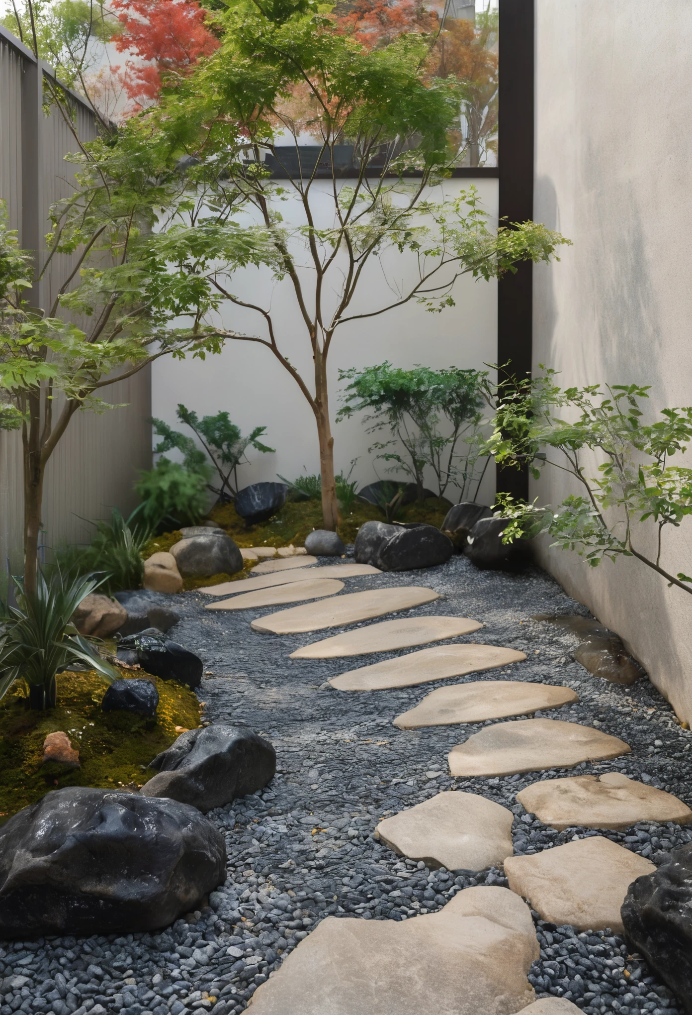 qlcd,tingyuan,no humans,tree,scenery,outdoors,day,stairs,plant,fence,This picture shows a modern style courtyard landscape. On the left side of the screen is a gray rock with a unique shape,seemingly carefully selected and arranged. There is a small path paved with black pebbles next to the rock,winding through the courtyard. In the center of the courtyard,there is a beautifully shaped tree with a twisted trunk and lush leaves,giving people a feeling of ancient and exquisite. On the right side of the tree is a small bonsai plant,with lush branches and leaves,presenting a vibrant scene. In the background,you can see a tall wall with some vertical line textures,forming a sharp contrast with the foreground. The entire scene is illuminated by sunlight,appearing very peaceful and harmonious.,