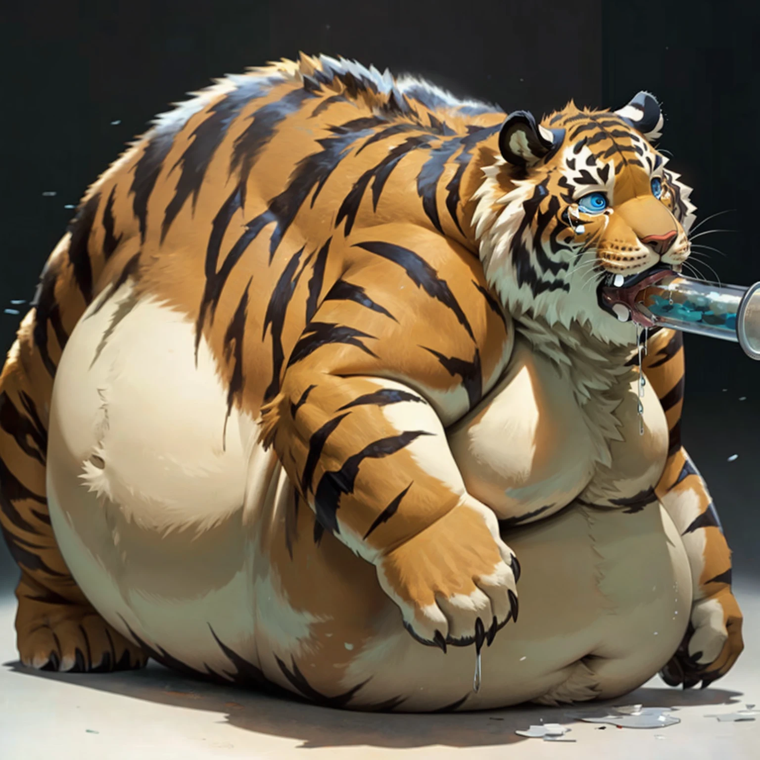 Very obese tiger、Wild ferocious tiger、Animal golden tiger body、Shaggy body hair、A glittering mane、Very short legs、A golden hose is in his mouth、Long golden hose、Sideways body、Big blue anime eyes、A body covered with a lot of fat、Abnormally obese head、Fatty cheeks、A lot of fat on the neck、A belly so obese it covers the ground、Fat gap、Abdomen swollen enough to touch the ground、A huge, mountain-like swollen abdomen、Abnormally fat arms、Overweight and flabby legs、A body that seems to be crushed by a huge abdomen、A body that fills the screen、Bear&#39;s short tail、Very displeased look、Very angry look、Thick steam、Lots of pubic hair、Lots of chest hair、A lot of belly button hair、Lots of belly hair、Very thick hair all over the body、Angle looking up from below、Thick Tongue、saliva、A scene in a dilapidated abandoned house、Dirty wooden abandoned house、All fours pose、Pose with both knees on the ground、