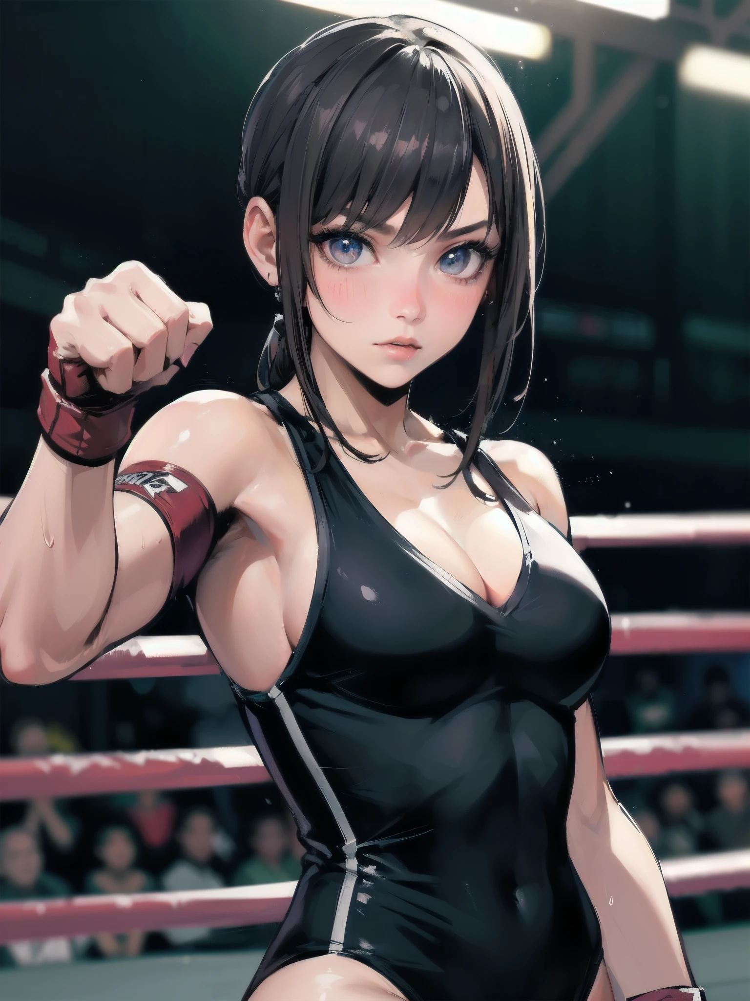 high quality,HD,16k,sharp lines,1 girl,Female wrestling athlete ,cute face, large breasts, nice legs,At the wrestling venue,focus girl,detailed beautiful face,detailed clothes,beautiful eyes,cool,dynamic angle