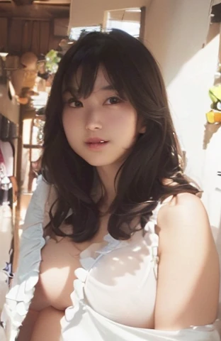 highest quality, Ultra-high resolution, Highly detailed skin, Physically Based Rendering, (((A round-faced Japanese woman in her 20s,She is supporting her chest with her arms and is not wearing underwear., Large Breasts, Nipples are also visible, from the front))),(Beautiful background:1.2), ((Cleavage)), ((Showing Nipples)), (White swimsuit with a wide open chest) .(((No chest pads)))、(Fabric so thin that you can see through) (((The outline of the nipples clearly expresses the shape of the nipples..、Nipples)))、(Areola, (Realistic: 1.4),(Realistic), (front)(((Young Face))), (Written boundary depth), (((Nipples visible through clothing)))