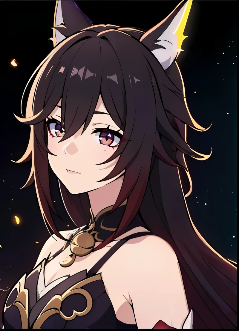 (high-quality, breathtaking),(expressive eyes, perfect face) 1girl, female, solo, portrait, honkai star rail inspired, medium, cheerful expression, Symmetrical Eyes, black background, fireflies background, soft lights, long hair length