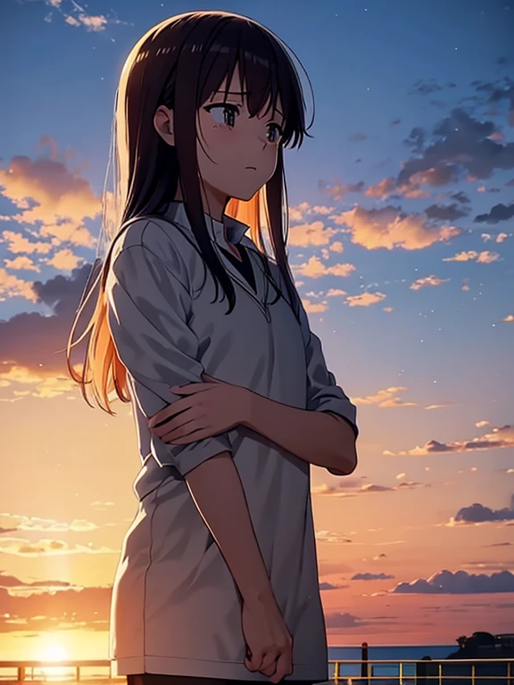 A scene from the anime　Confession　A boy facing each other and a girl crying　You can see the sea beyond the fence　The setting sun melts into the sea