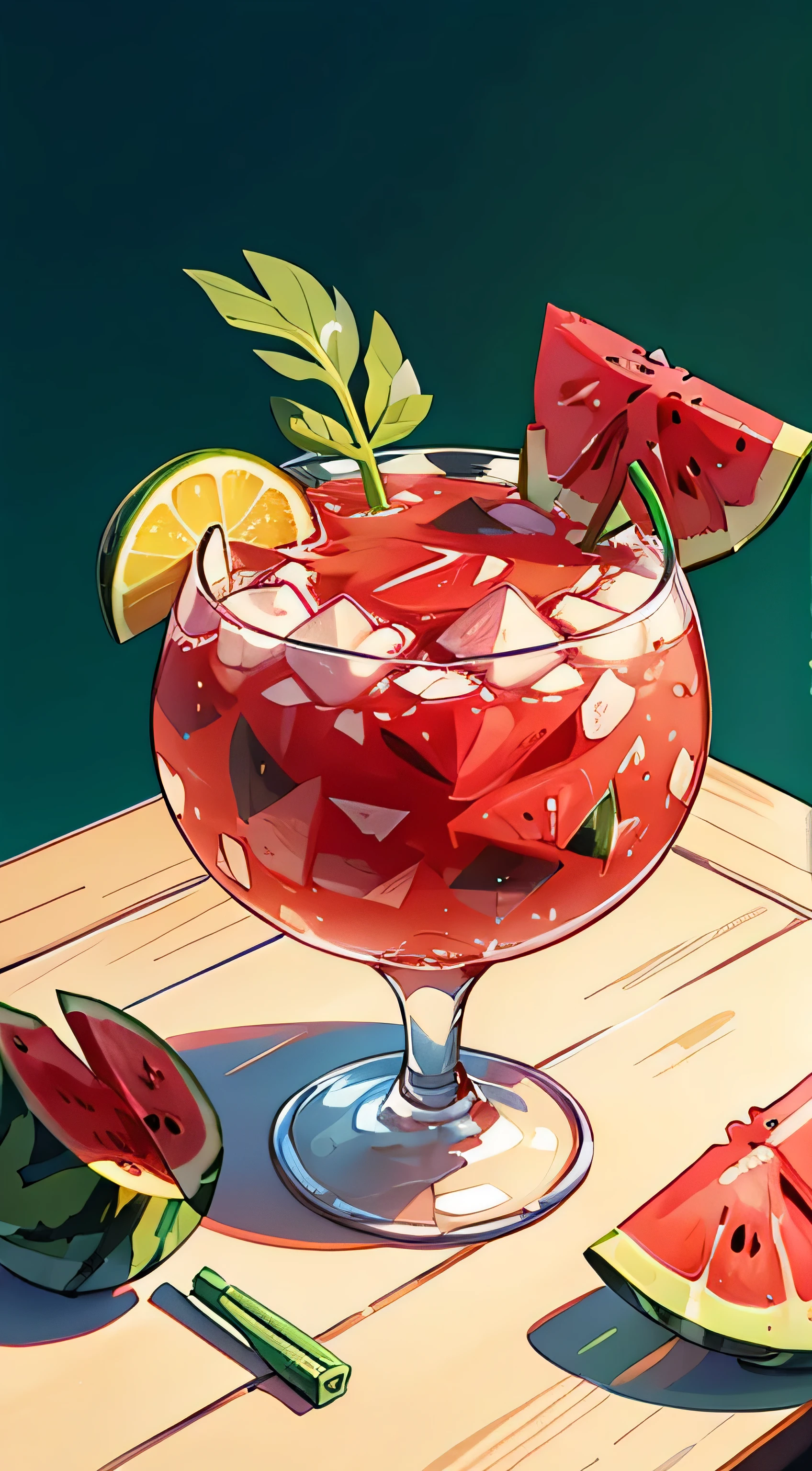 Illustrate a Watermelon drink with sirup with a small piece of watermelon for topping inside the drink