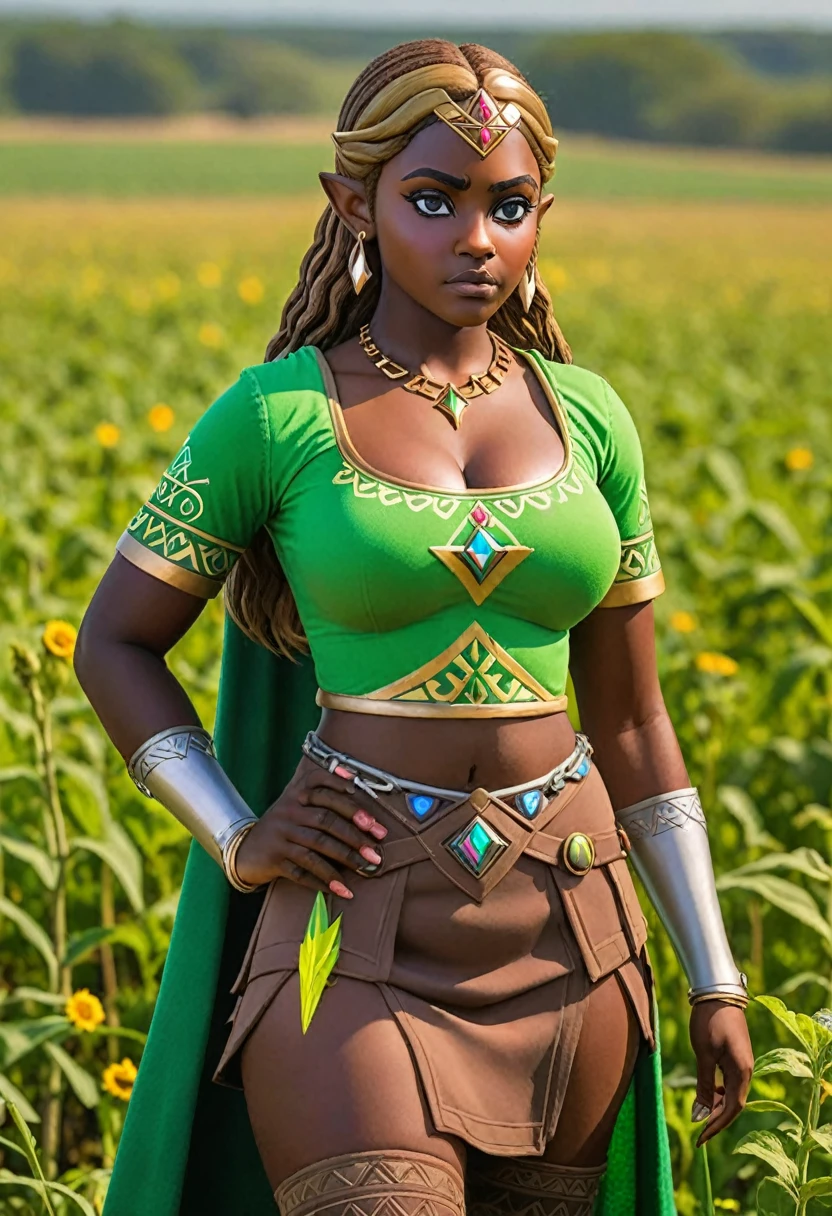 1 Girl, (Beautiful Princess Zelda，Dark skin，Visible pores), Standing in the fields, Exuding perseverance and subtlety,diaphragm, navel, With pencil skirt, Women&#39;s shirts, cosmetic, Ankle strap high heels, and black fishnet stockings, (Western Manga \(style\)), ((cel shading)), 
, Huge sexy breasts,Showing cleavage， Sexy big ass, Mature female, Sculptural figure, Sexy body,, masterpiece, Azelda,