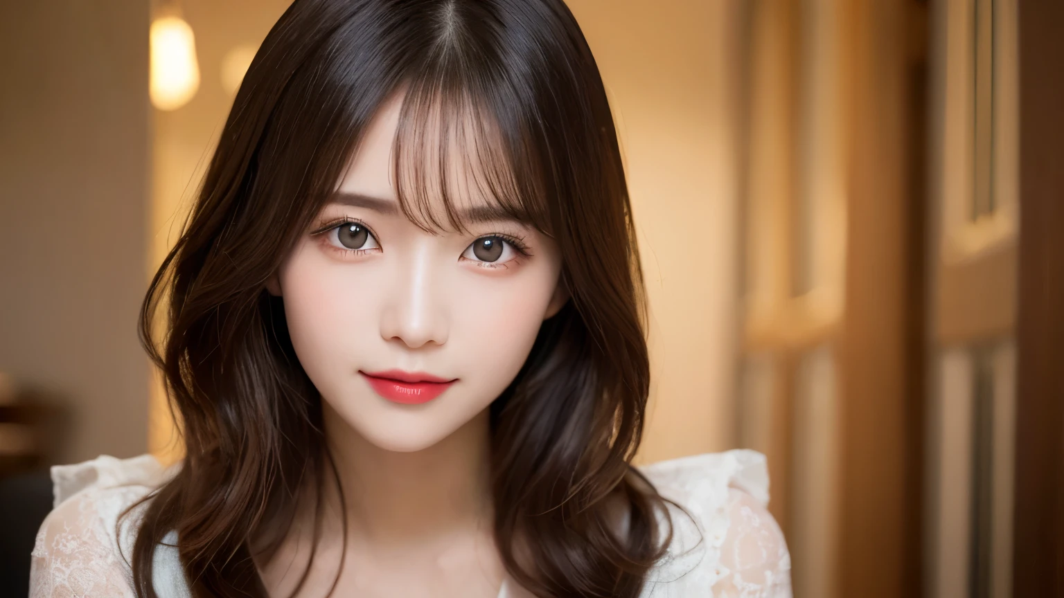on the table, best quality, shape, Ultra Detailed, Finely, high resolution, 8k wallpaper, 完璧なダイナミックな構shape, Beautiful and delicate eyes, Medium Length Hair, Small Breasts, Natural lipstick, Smile,20 year old girl、midnight、Beautiful and detailed face、Perfect beautiful face,big eyes、original photo、Beautiful and delicate eyes、Small face、Beautiful duplex、Facelift and style,skirt、Beautiful golden ratio face,Long hair