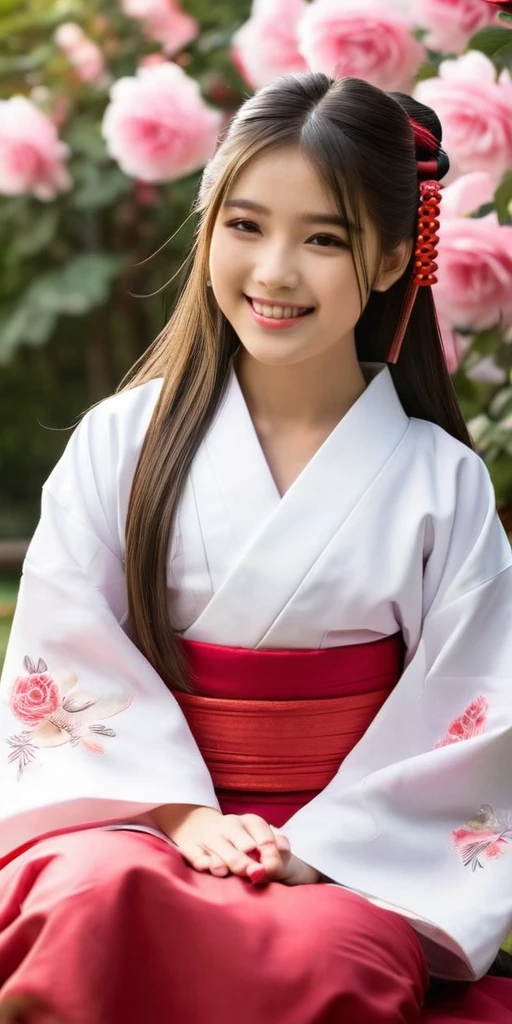 ((16k,super highest quality,Ultra-high resolution,masterpiece,Realistic,Realistic,Very detailed)),Young, adorable and cute 16 year old〜20 year old girl,Wearing a shrine maiden costume and rolling up the hakama,Full body photo,Full body angle,Esbian all over,Baby Face,single eyelid,Long legs,Thin legs,Thin legs,Thin thighs,Beautiful hands and feet,chest,Cute smile,Adorable smile,nice smile,Rose garden in the background,Long Straight Hair