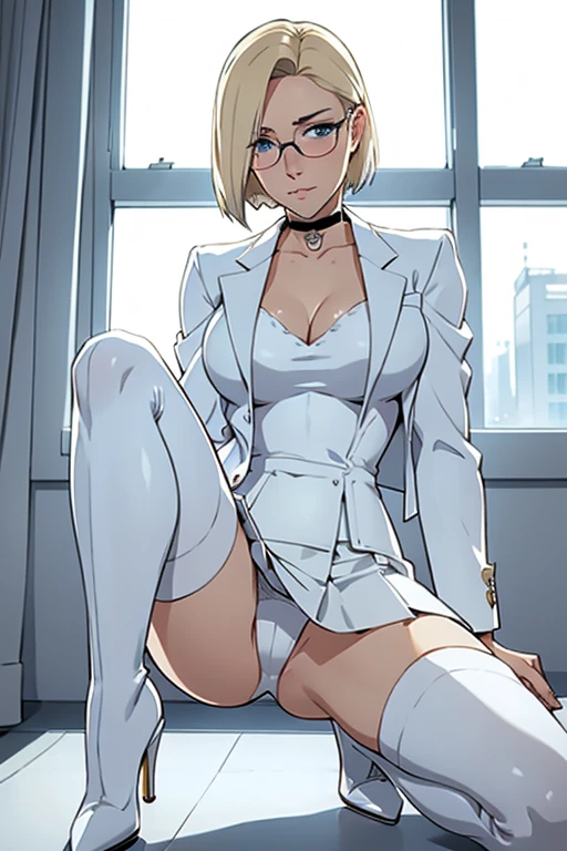 woman, Short straight blonde hair, blue eyes, White suit jacket, White Skirt, panties,long white high heel boots, Black Choker, No T-shirt, Moderate , Glasses, Perfect Face, Blushing, Spread your legs in front of the window