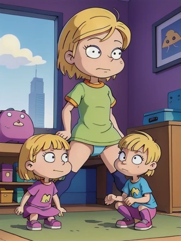 angelica pickles, short blonde hair, flat torso, tights, squatting, spread legs, naked torso, ass, pussy