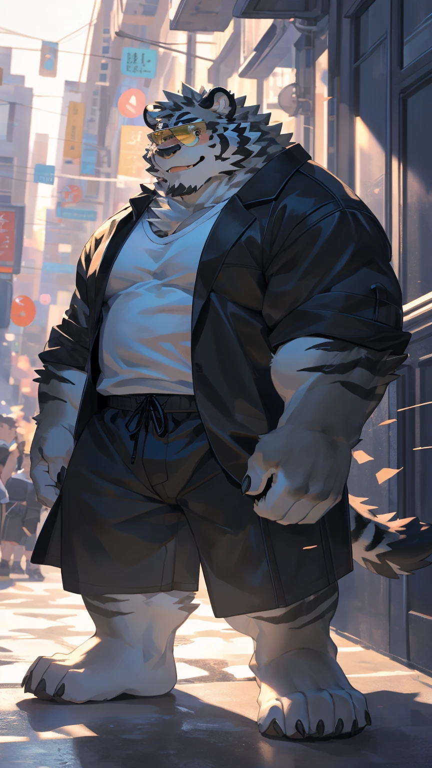 1boy, 1man, solo, a potrait (furry crocodile), (face, detailed face, bearded, beard, thick mustache), Park, extremely huge muscular, massive muscular , (topless, shirtless, shorts), well-muscled old man. ((extremely muscle size, super thick arms, huge pec, hyper pec, bigger chest, extremely wide pectoral , huge arms)), wide smiling. Add textures and details to make the image more realistic, such as the appearance of the. Make sure the resulting image is high resolution, 8K quality