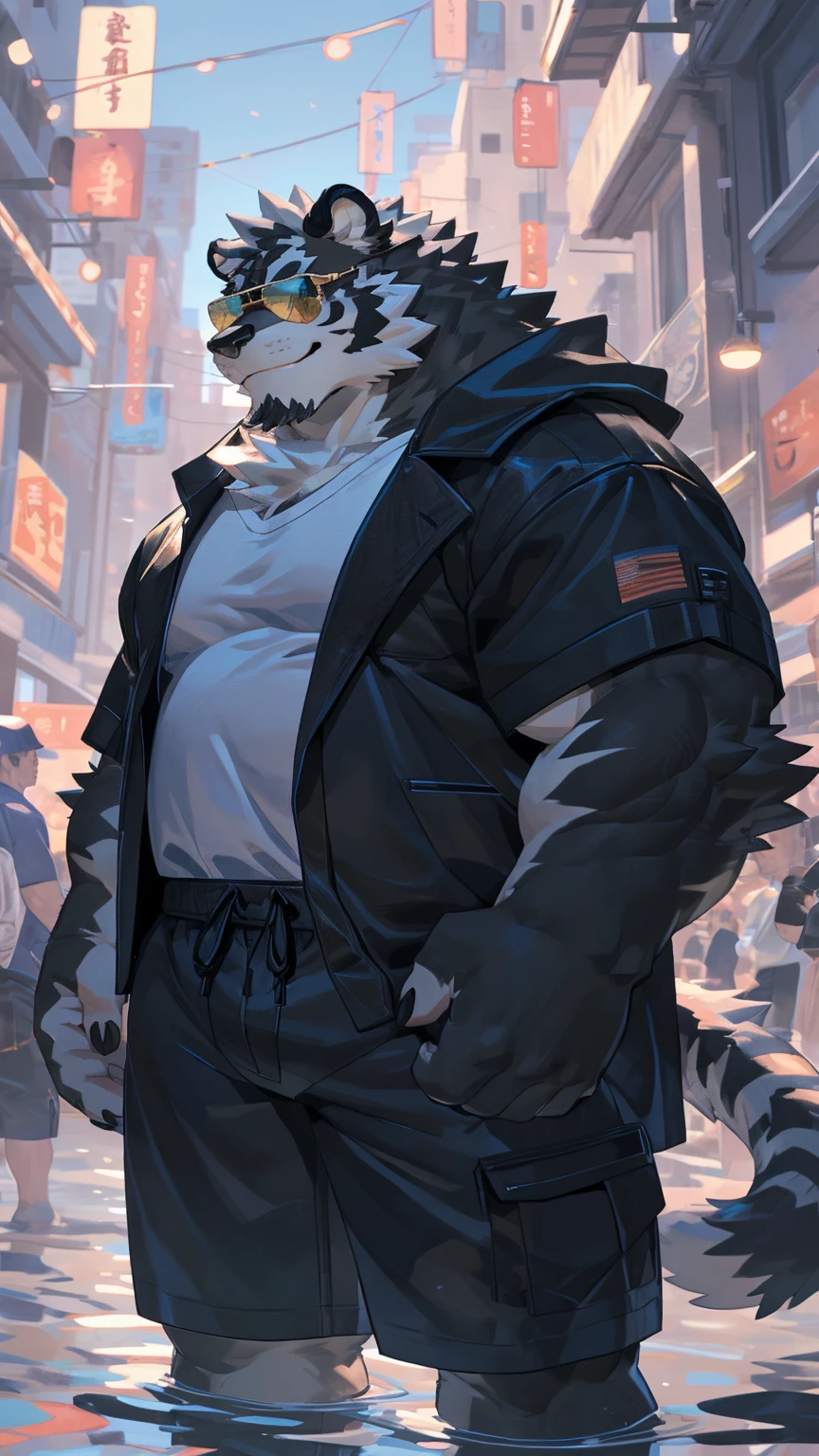 Solitary, ((Fluffy fur, Fluffy, hairy body)), detailed Fluffy fur, Delicate face, delicate Eye, Dynamic poses, (Ultra Detailed), Clear focus, Genji, Eye, hairy, (Gray-black fur:1.5), White beard, human nature (black tiger), chest hair,male, middle aged, White belly, Increase chest muscles(((muscular))), (endomorph body type:0.4), Not too fat, rest ((Black jacket,sunglasses,White T-shirt,Black swimming trunks,Exposing breasts)), ultra Delicate face, High Detail, high quality, (best quality,4K,8k,high resolution,masterpiece:1.2), (close up:1.3), author:Takemoto Arashi, From kulplant, author:The ghost of emptiness, From raccoon21, Dynamic Lighting, Smile, (whole body:1.4), Looking at the audience, eternity, close up肖像, indoorhigh resolution, 用hand托住肚子, hand.详细的hand,street