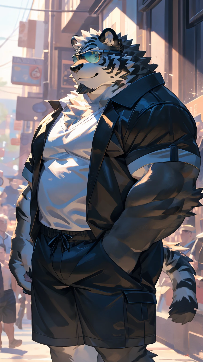 Solitary, ((Fluffy fur, Fluffy, hairy body)), detailed Fluffy fur, Delicate face, delicate Eye, Dynamic poses, (Ultra Detailed), Clear focus, Genji, Eye, hairy, (Gray-black fur:1.5), White beard, human nature (black tiger), chest hair，male, middle aged, White belly, Increase chest muscles(((muscular))), (endomorph body type:0.4), Not too fat, rest ((Black jacket，sunglasses，White T-shirt，Black swimming trunks，Exposing breasts)), ultra Delicate face, High Detail, high quality, (best quality,4K,8k,high resolution,masterpiece:1.2), (close up:1.3), author：Takemoto Arashi, From kulplant, author：The ghost of emptiness, From raccoon21, Dynamic Lighting, Smile, (whole body:1.4), Looking at the audience, eternity, close up肖像, indoorhigh resolution, 用hand托住肚子, hand.详细的hand，street