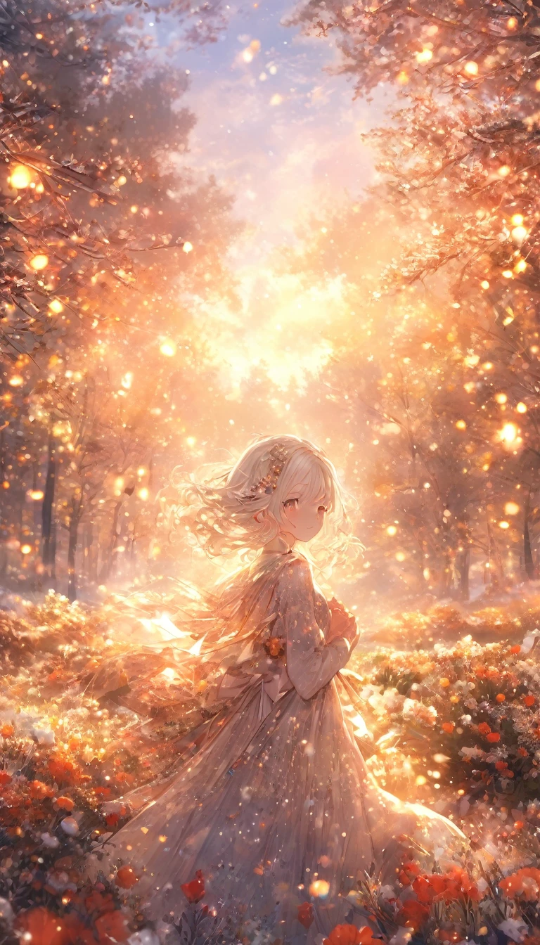(masterpiece、8k、highest quality)、(Soft Light:1.3), Detailed face, Fine grain, dress, Beautiful digital artwork, landscape, Backlight, Lots of flowers, forest, Sparkling eyes, Winters, warm, warm light, White Hair Girl