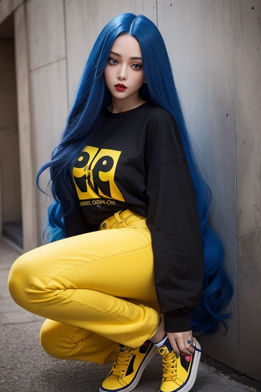 High face quality, high yellow eyes quality, high red lips quality, huge longest blue hair, very longest blue hair,woman wear clothes a black T-shirt,wear a yellow jeans,wear a black shoes, perfect face