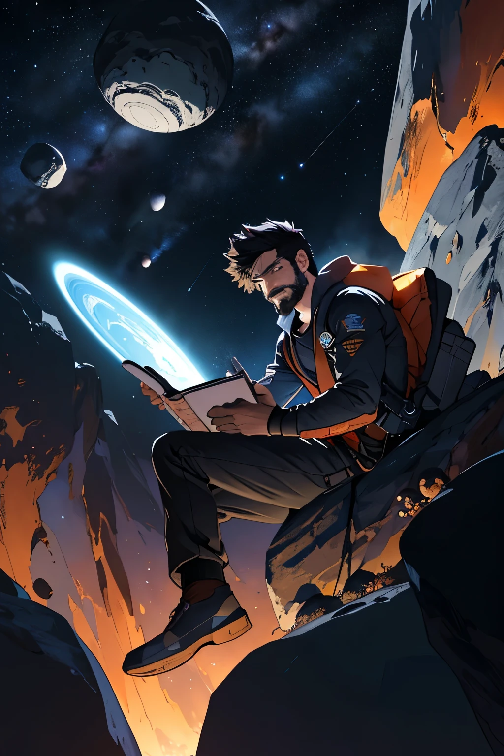 Draw a young programmer, sitting on a research platform floating in the middle of an asteroid belt. He is studying with a notebook, surrounded by several asteroids glowing with fiery auras. Dramatic lighting from distant stars and planets illuminates the scene, casting deep shadows on the suit. The young man looks confident and determined, looking at the vast and mysterious universe with wonder and respect,facial hair, cowboy shot,