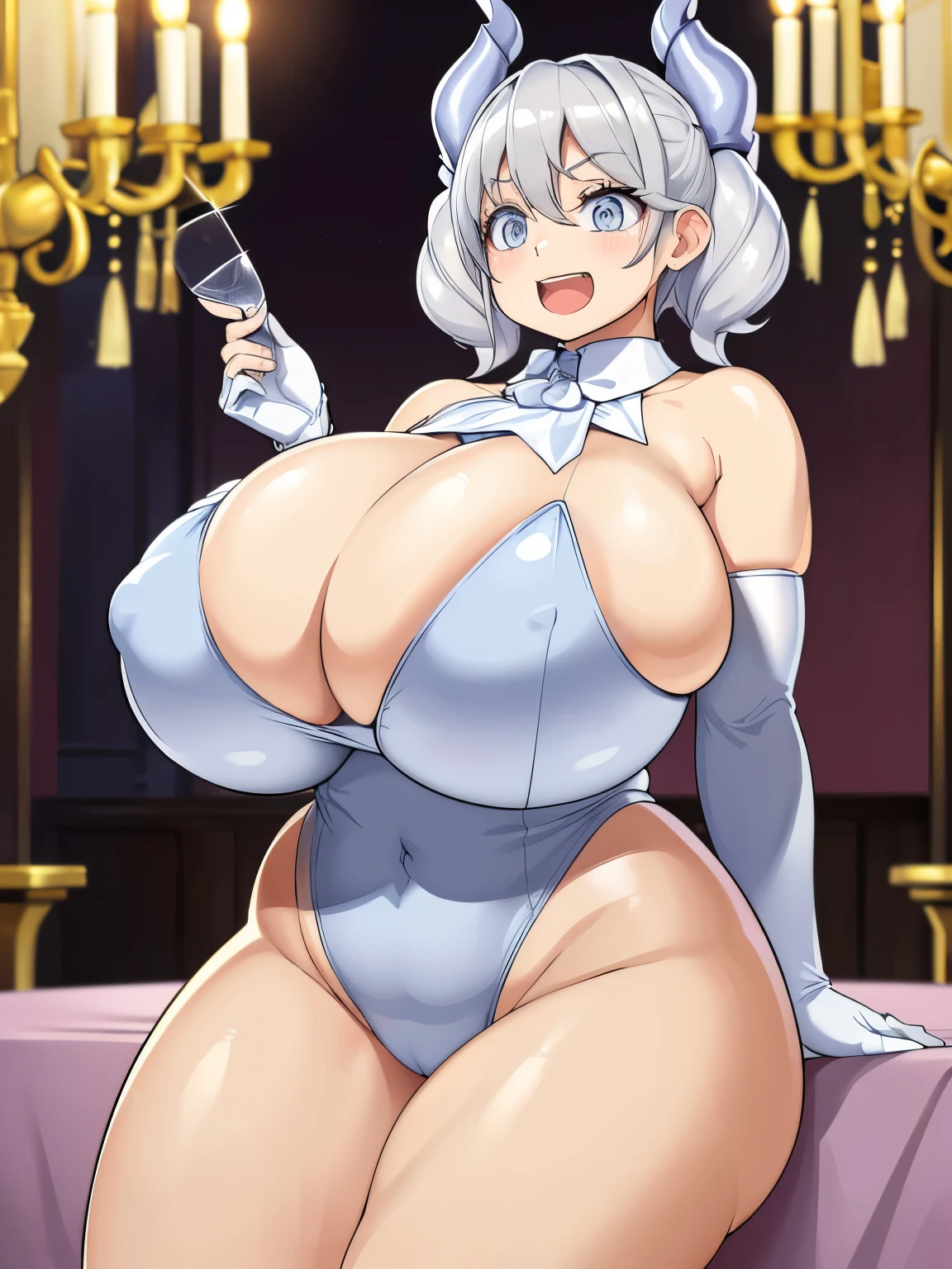 (masterpiece, best quality, high resolution), fat girl with very very huge tits ,1girl, solo, contrapposto, breasts, chest twice the size of the body, (huge-breasted:1.5),(gigantic tits)+++,gigantic cleavage breasts, Big milk,Super burst breasts, (gigantic breasts)+++, chubby++, plump, curvy, bbw, labrynth, silver hair, grey eyes, horns, cleavage, white dress, white elbow gloves, silver castle, ivory, exquisite, chandelier, blush, leotard, highleg leotard, (super highleg leotard:1.5), smile, open mouth, shiny skin,