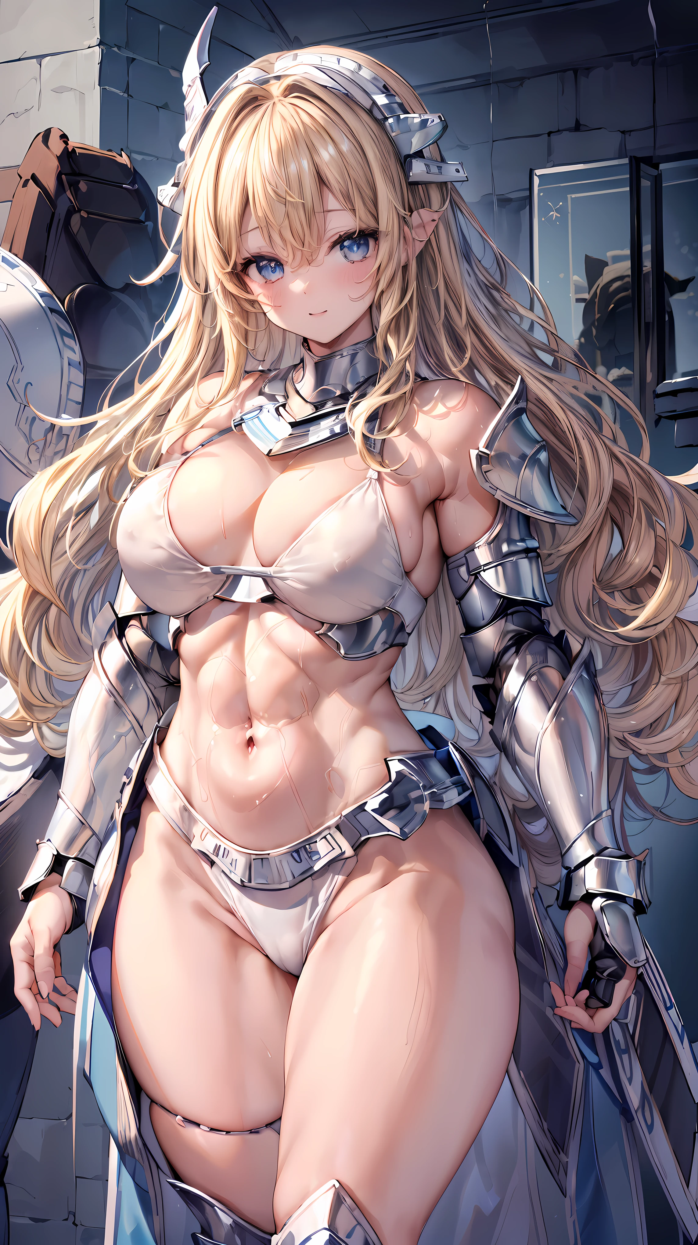 Very detailed、highest quality、Best image quality、masterpiece、8k、Anime Face、A kind smile、Open your mouth、Sparkling blue eyes、(Blonde wavy hair:1.5)、、Muscles of the whole body、camisole、Thigh belt、mini skirt、(Wearing white bikini armor:1.5)、(Cowboy Shot:1.5)、(Leg armor:1.5)