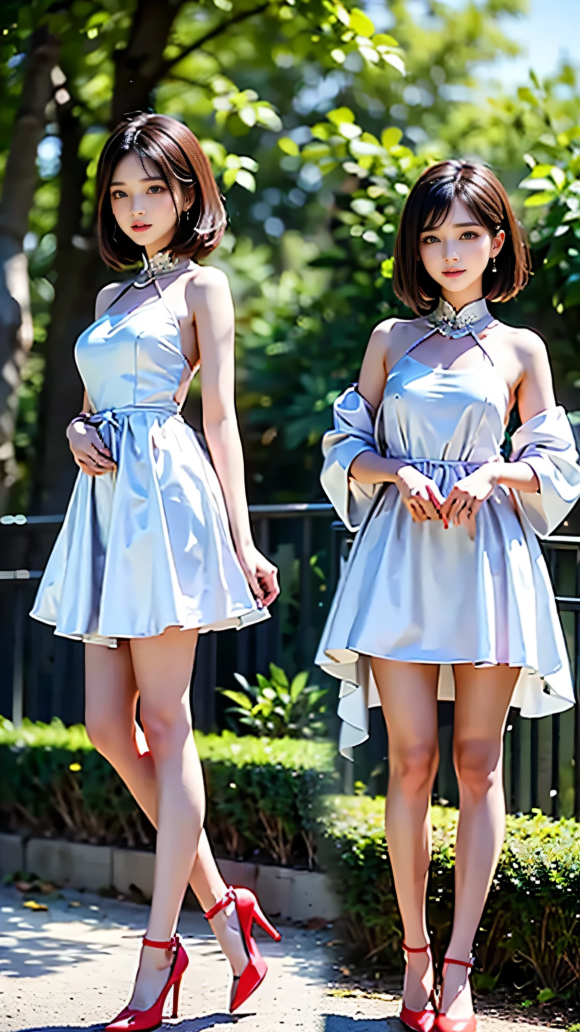 1 female々,（Standing posture）, （Long, straight legs：2.0）,（Height 2/3 is the foot:2.0）,White, shiny skin, Age 25, A small, elegant face, Red lips, ( Hair parted to one side:1.5), blue eyes, smile, Elegant young woman, （Purple silk dress and mid-length skirt:1.3), (pumps:1.2),  Almond Eye,Slender figure, Tight waist, Beautiful Hands, Delicate shoulders, View here,Daytime woods