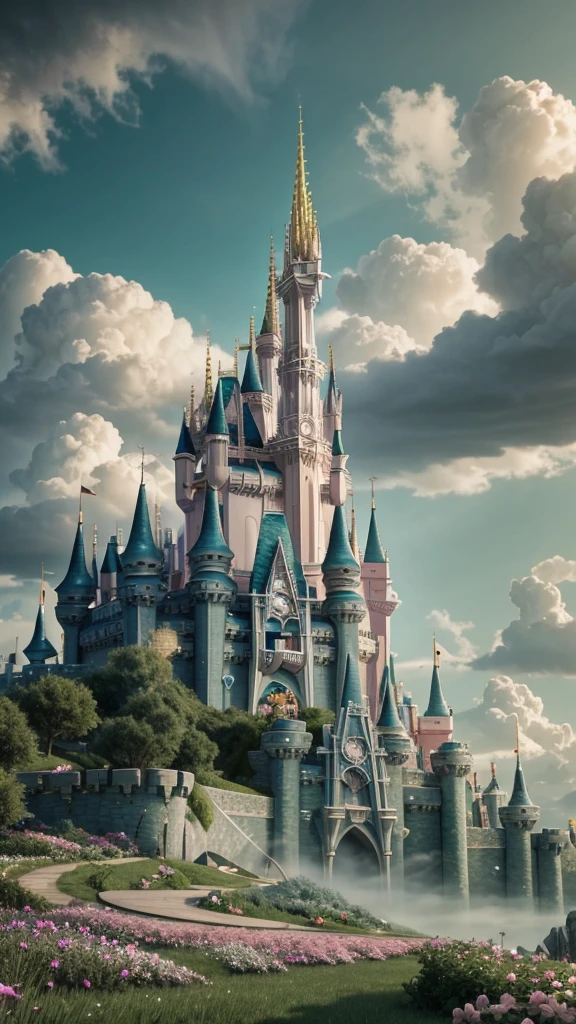 Epic CG matte painting, wide view, pale green clouds, Disney castle, garden full of flowers on the clouds, a few drops of water falling from the clouds, a sea of pale green roses, HD images, Unreal Engine, ArtStation 4k HD trend  