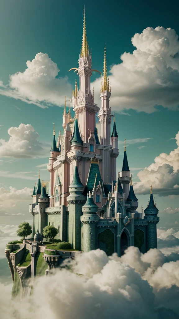 Epic CG matte painting, wide view, pale green clouds, Disney castle, garden full of flowers on the clouds, a few drops of water falling from the clouds, a sea of pale green roses, HD images, Unreal Engine, ArtStation 4k HD trend  